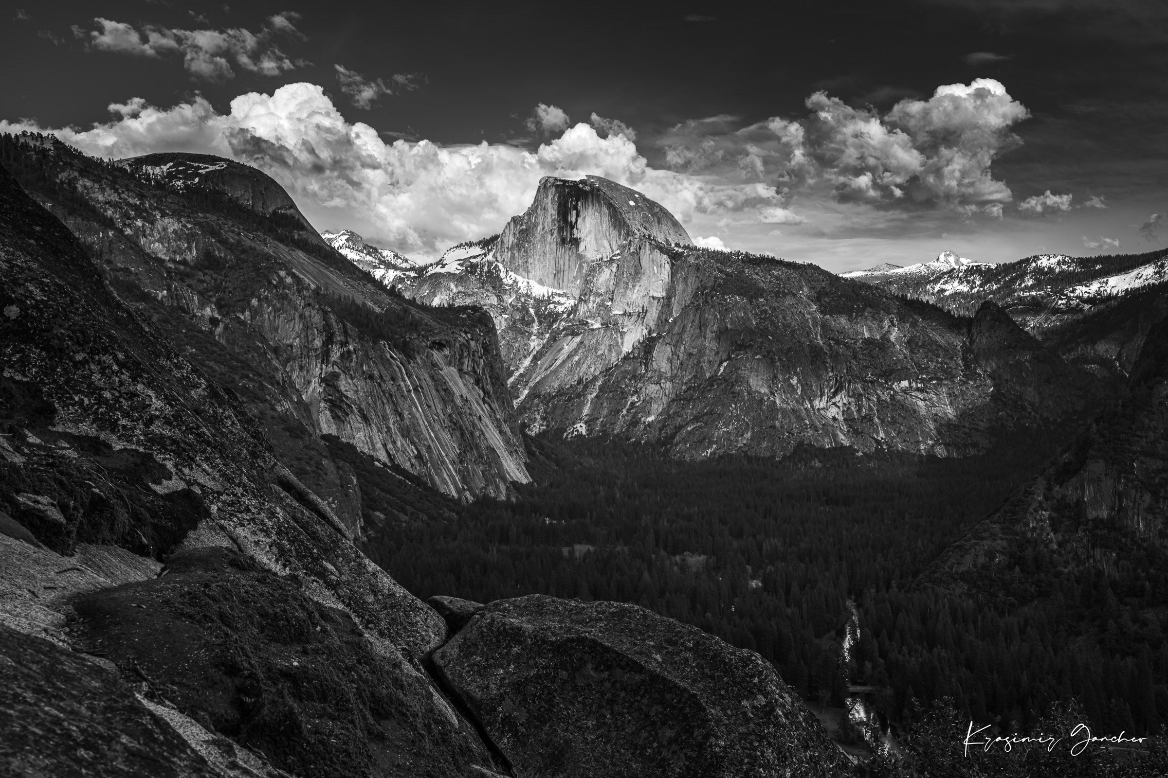 Half Dome silhouetted against sunset sky with drifting clouds above Yosemite Valley. #Finish_Acrylic Recess