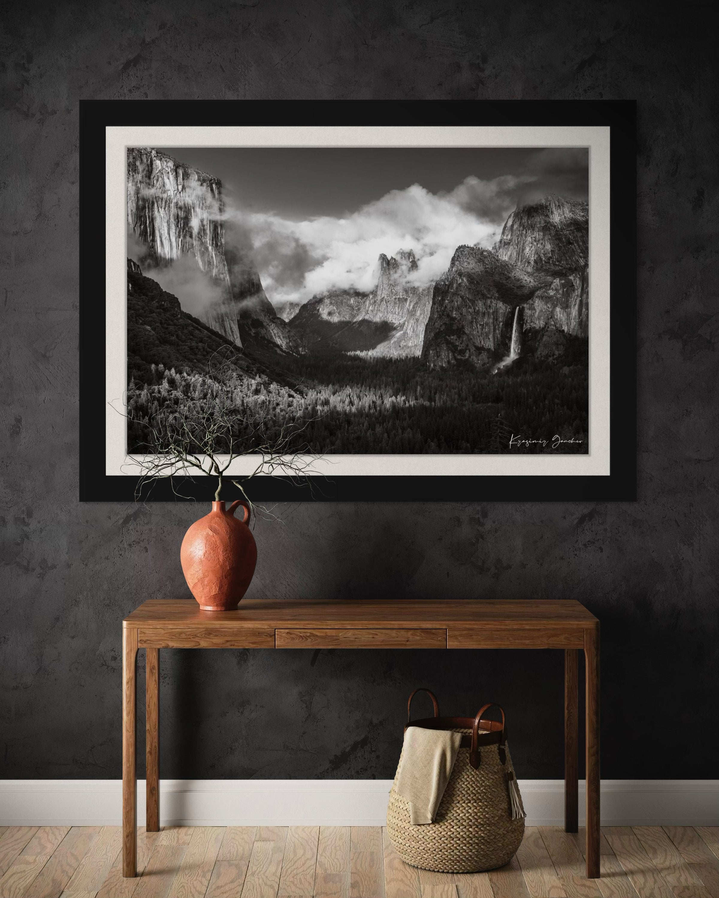 El Capitan granite monolith in Yosemite National Park during daylight, waterfalls cascading down cliffs, clouds above. #Finish_Roma Satin Black Frame & Bright Liner