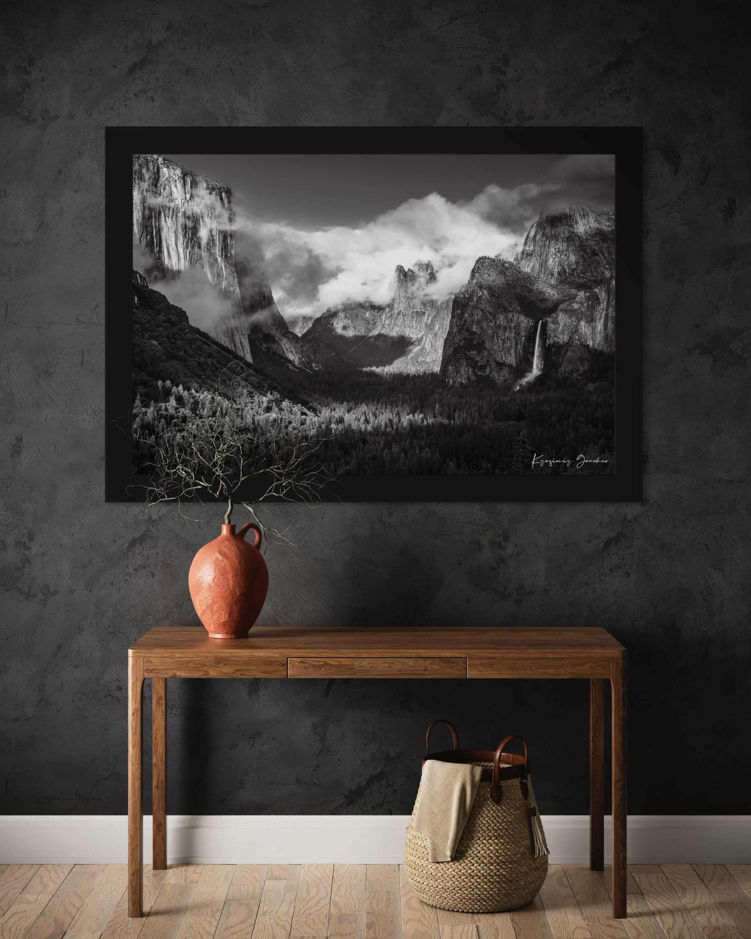 El Capitan granite monolith in Yosemite National Park during daylight, waterfalls cascading down cliffs, clouds above. #Finish_Roma Satin Black Frame