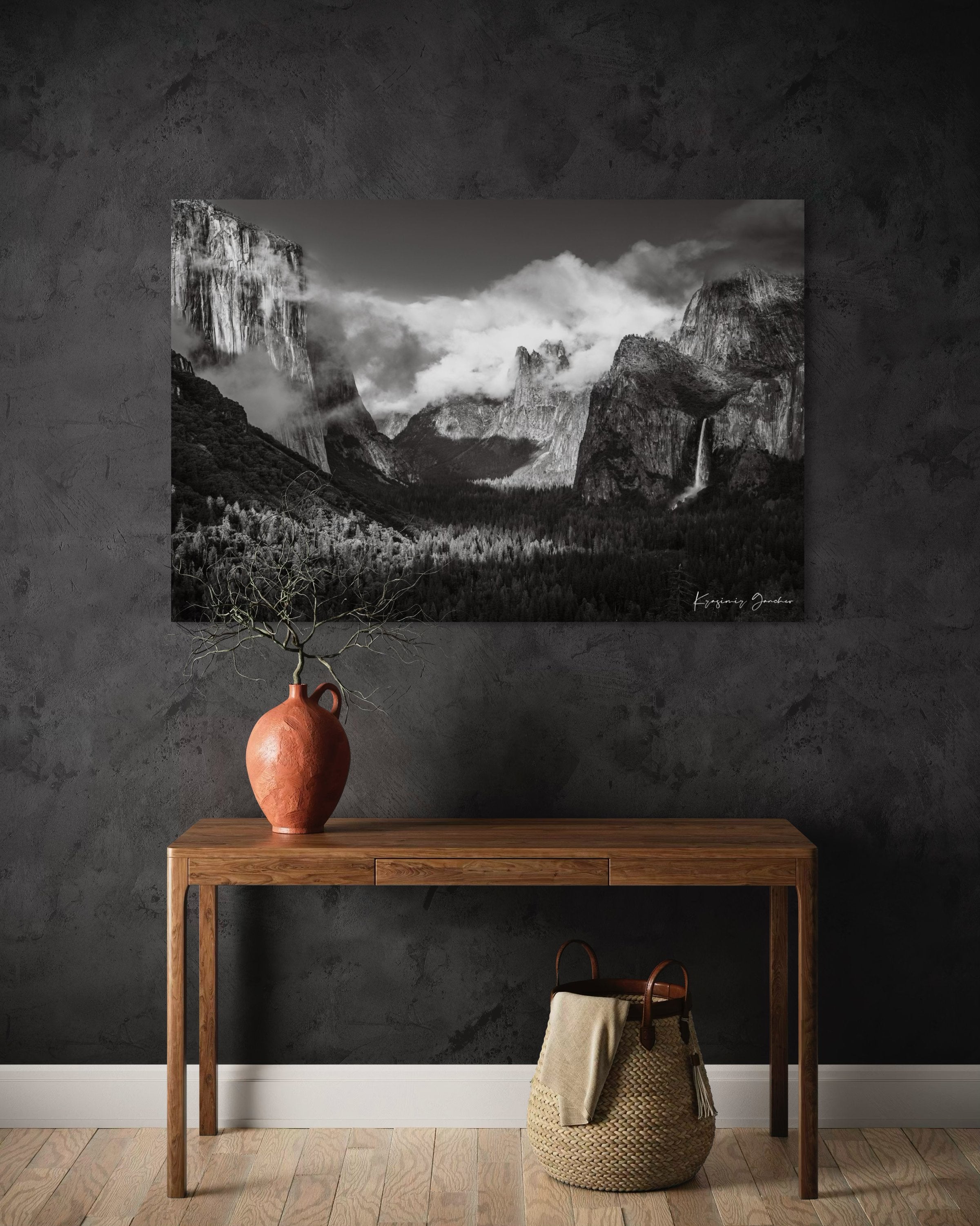 El Capitan granite monolith in Yosemite National Park during daylight, waterfalls cascading down cliffs, clouds above. #Finish_Acrylic Recess