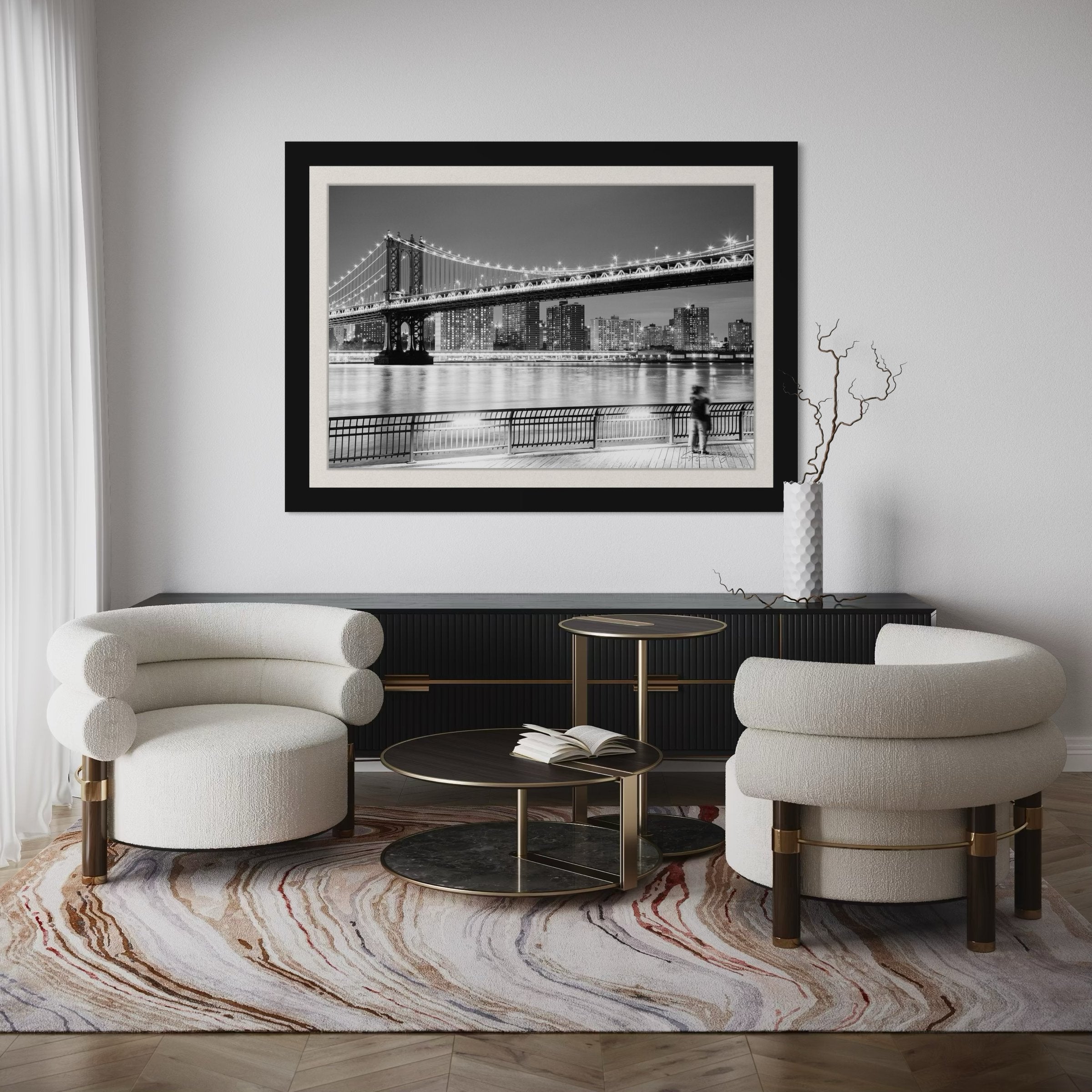 Monochrome Brooklyn Bridge at night across the Manhattan estuary, illuminated by city lights. #Finish_Roma Satin Black Frame & Bright Liner