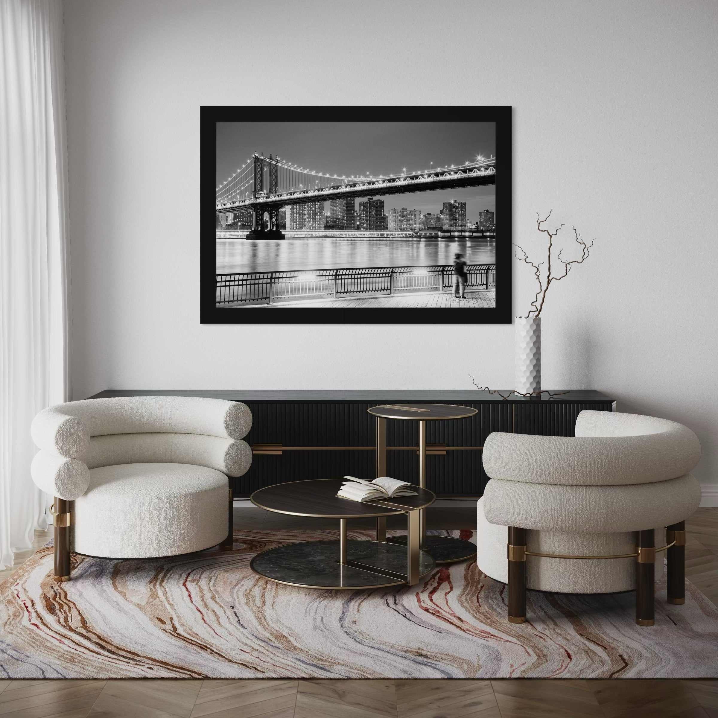 Monochrome Brooklyn Bridge at night across the Manhattan estuary, illuminated by city lights. #Finish_Roma Satin Black Frame