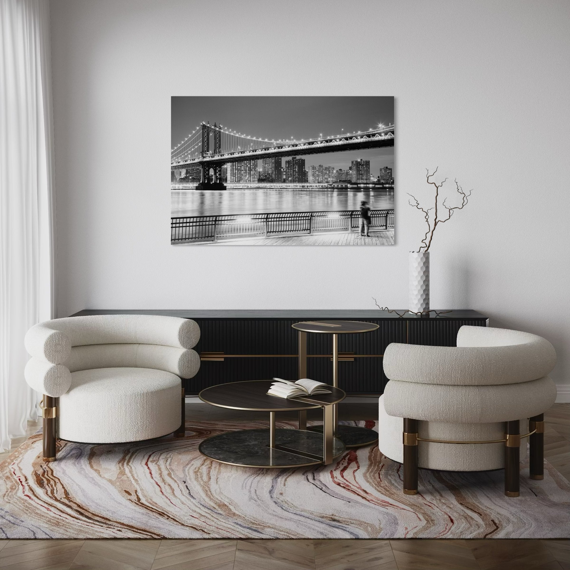 Monochrome Brooklyn Bridge at night across the Manhattan estuary, illuminated by city lights. #Finish_Acrylic Recess