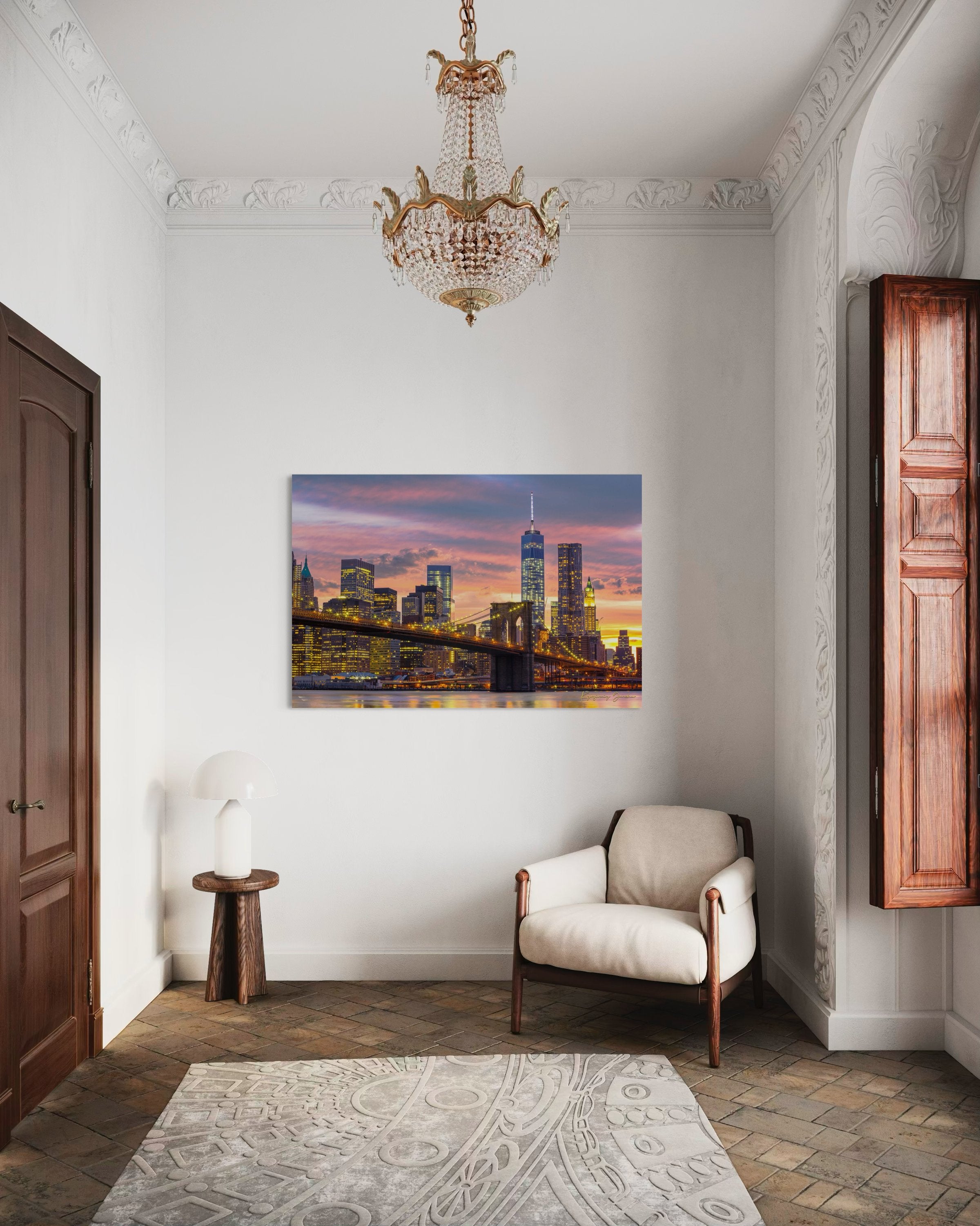 The Brooklyn Bridge viewed from Manhattan during evening hours as sunlight fades into artificial lighting under cloudy skies. #Finish_Acrylic Recess