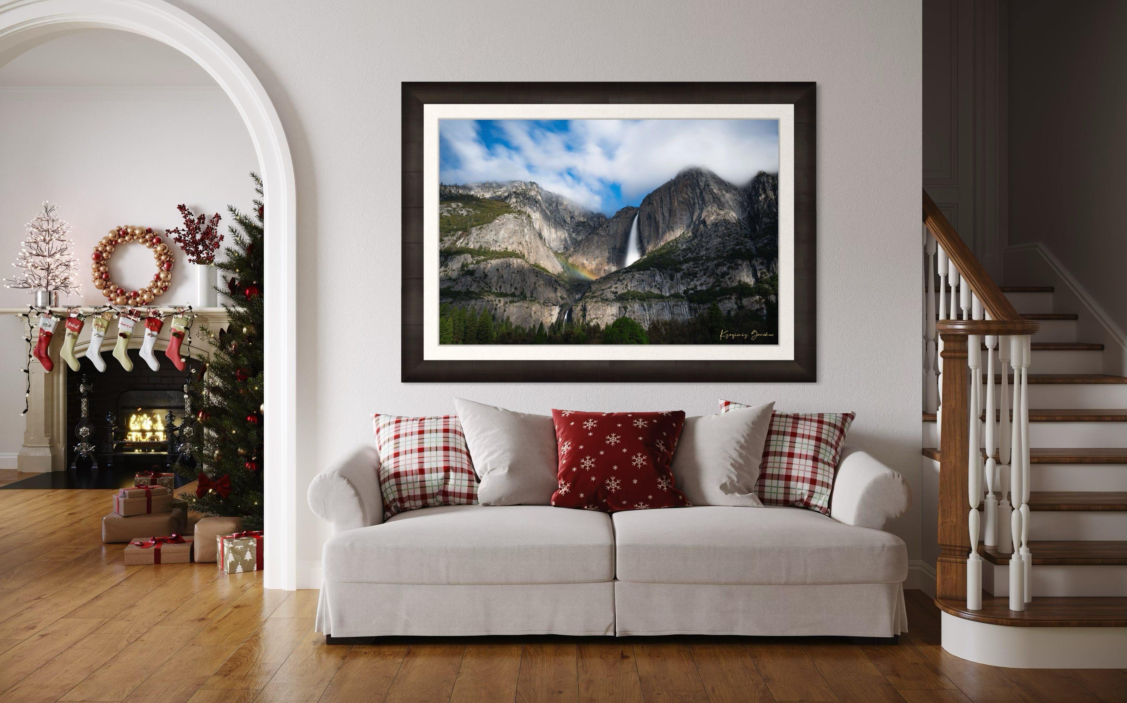 Yosemite Falls at night under starlight, illuminated by a faint silvery moonbow arching above the cascade within a cloudy mountain valley. #Finish_Roma Dark Ash Frame & Bright Liner