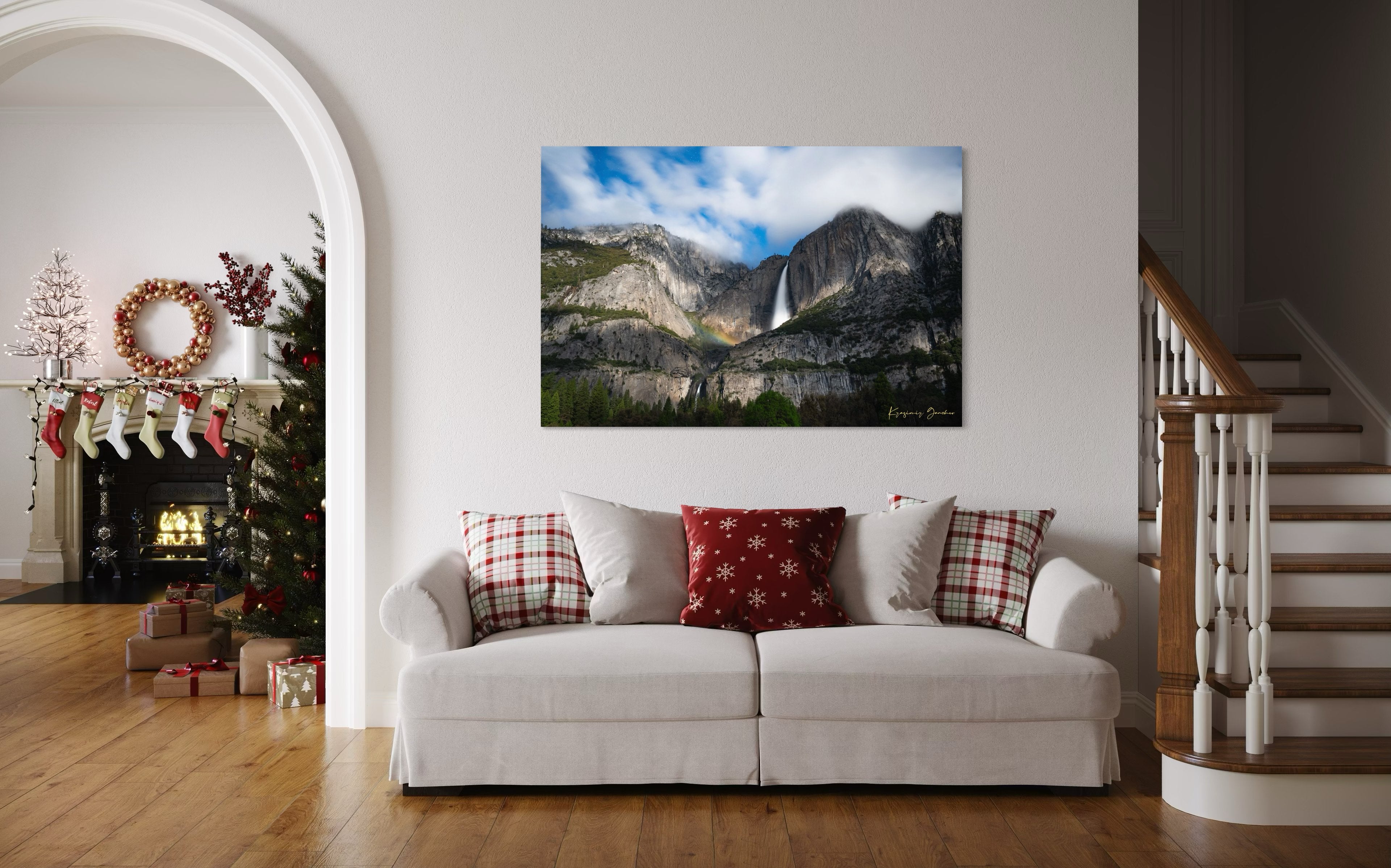 Yosemite Falls at night under starlight, illuminated by a faint silvery moonbow arching above the cascade within a cloudy mountain valley. #Finish_Acrylic Recess