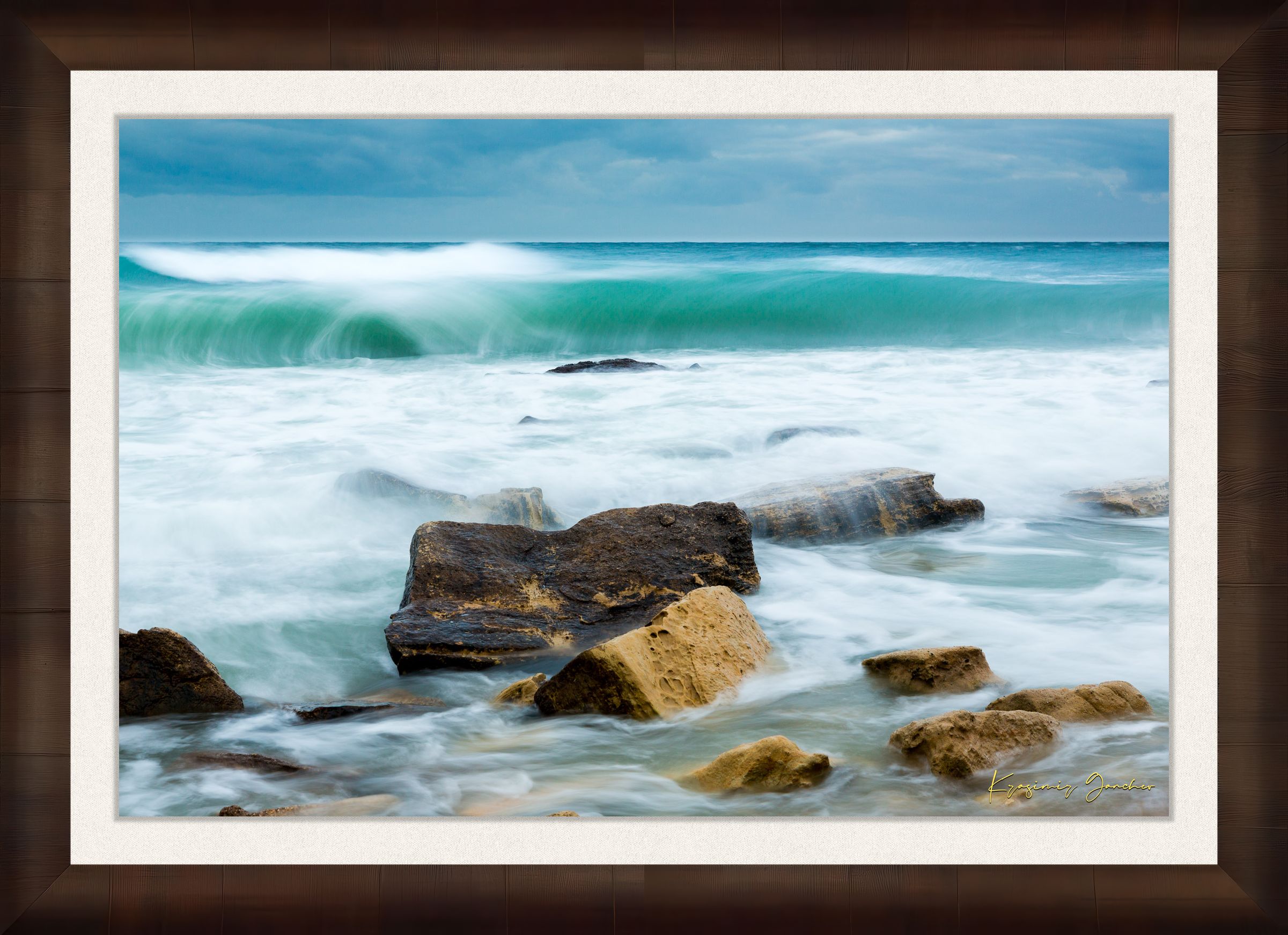 Waves from the sea crash against coastal boulder formations near Fichoza, Bulgaria during daylight with cloudy weather. #Finish_Roma Cigar Leaf Frame & Bright Liner