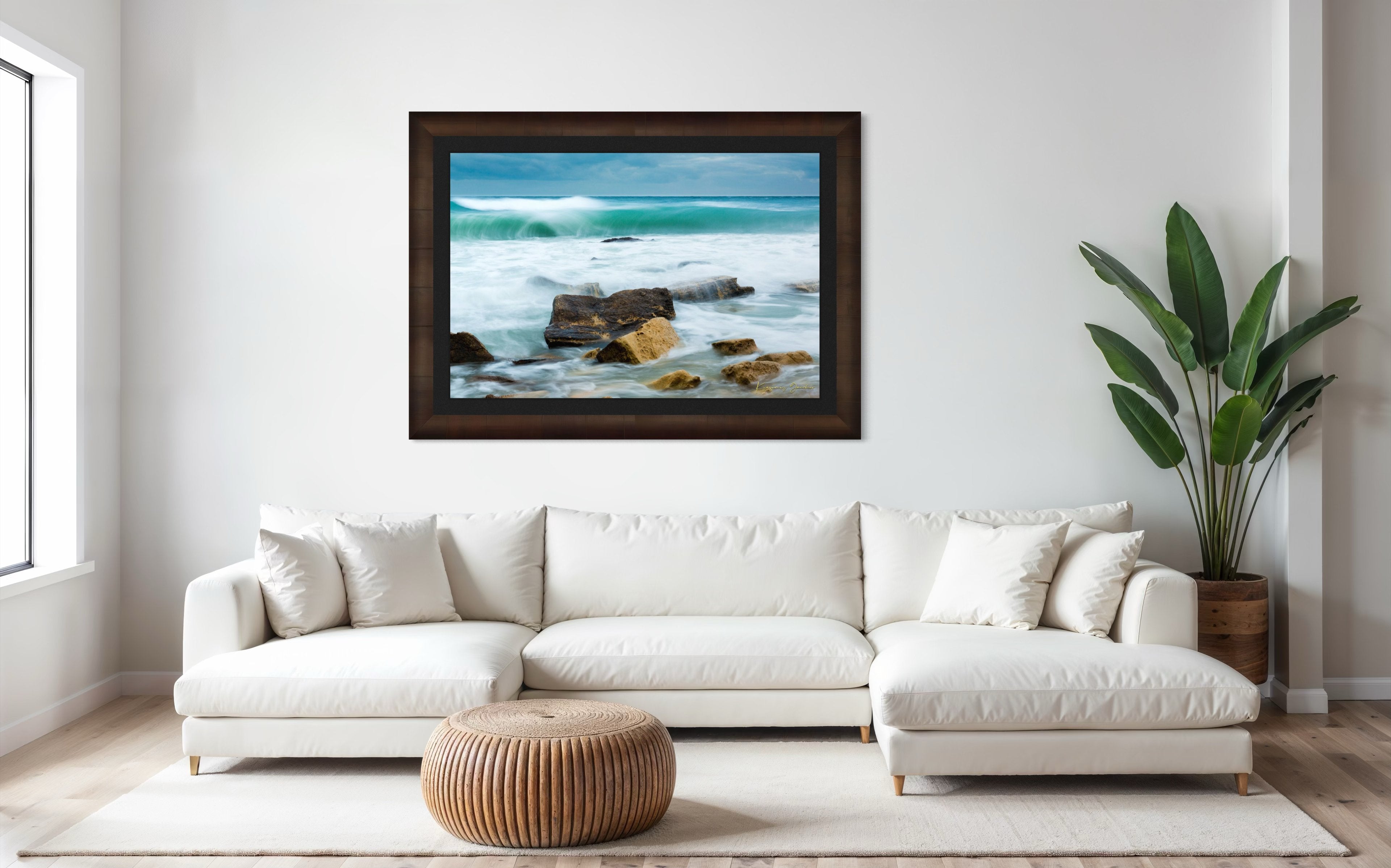 Waves from the sea crash against coastal boulder formations near Fichoza, Bulgaria during daylight with cloudy weather. #Finish_Roma Cigar Leaf Frame & Dark Liner