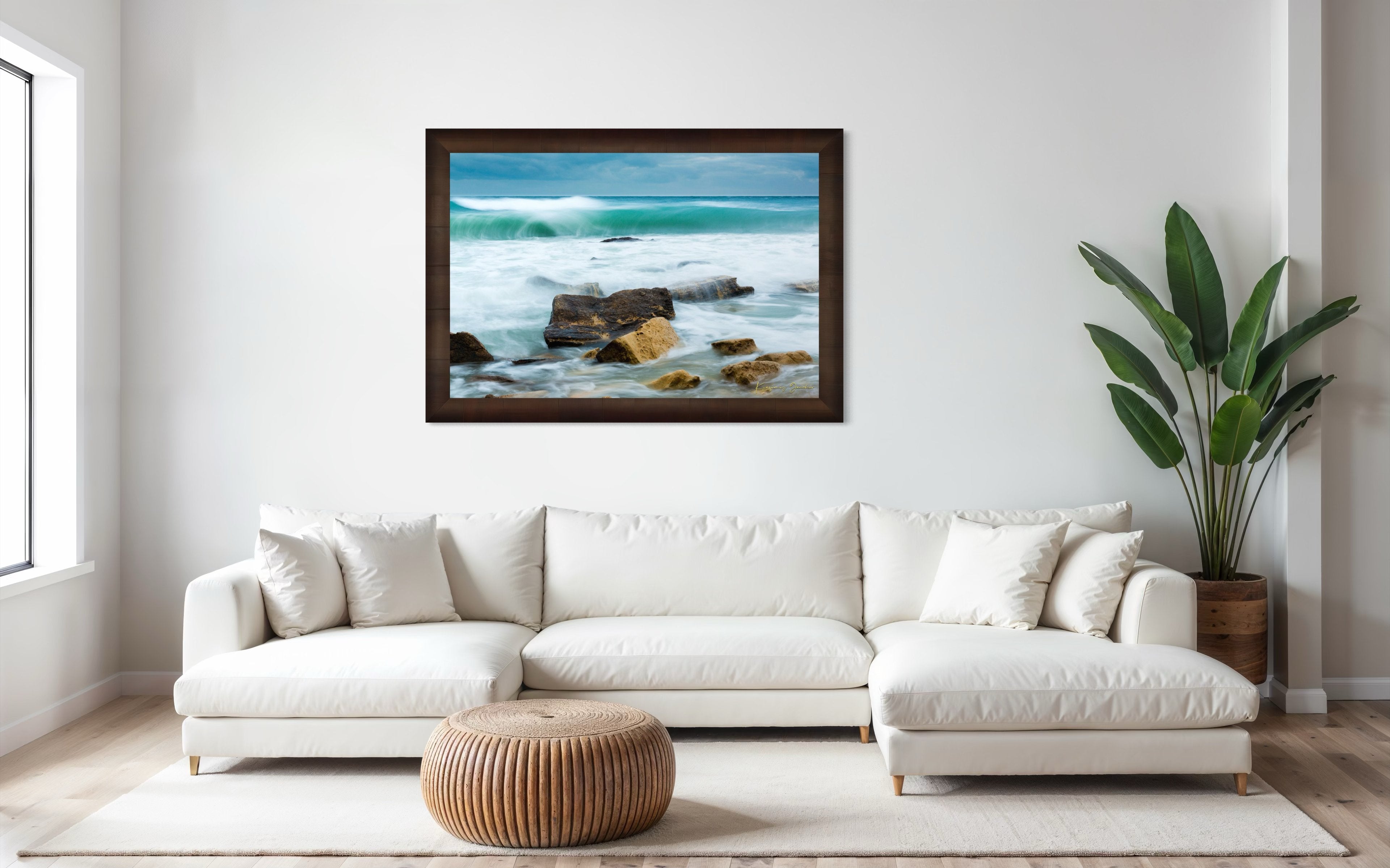 Waves from the sea crash against coastal boulder formations near Fichoza, Bulgaria during daylight with cloudy weather. #Finish_Roma Cigar Leaf Frame