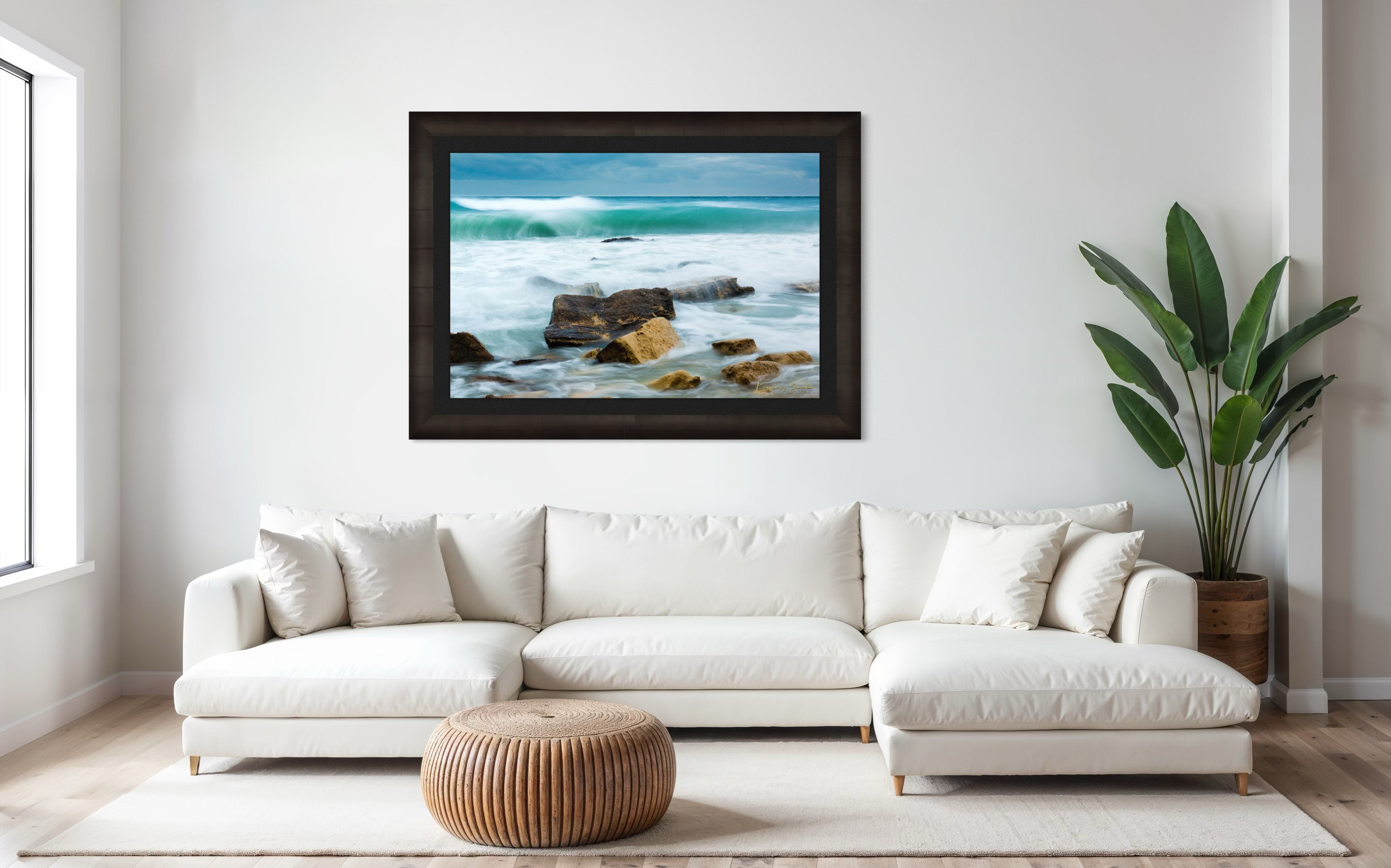 Waves from the sea crash against coastal boulder formations near Fichoza, Bulgaria during daylight with cloudy weather. #Finish_Roma Dark Ash Frame & Dark Liner