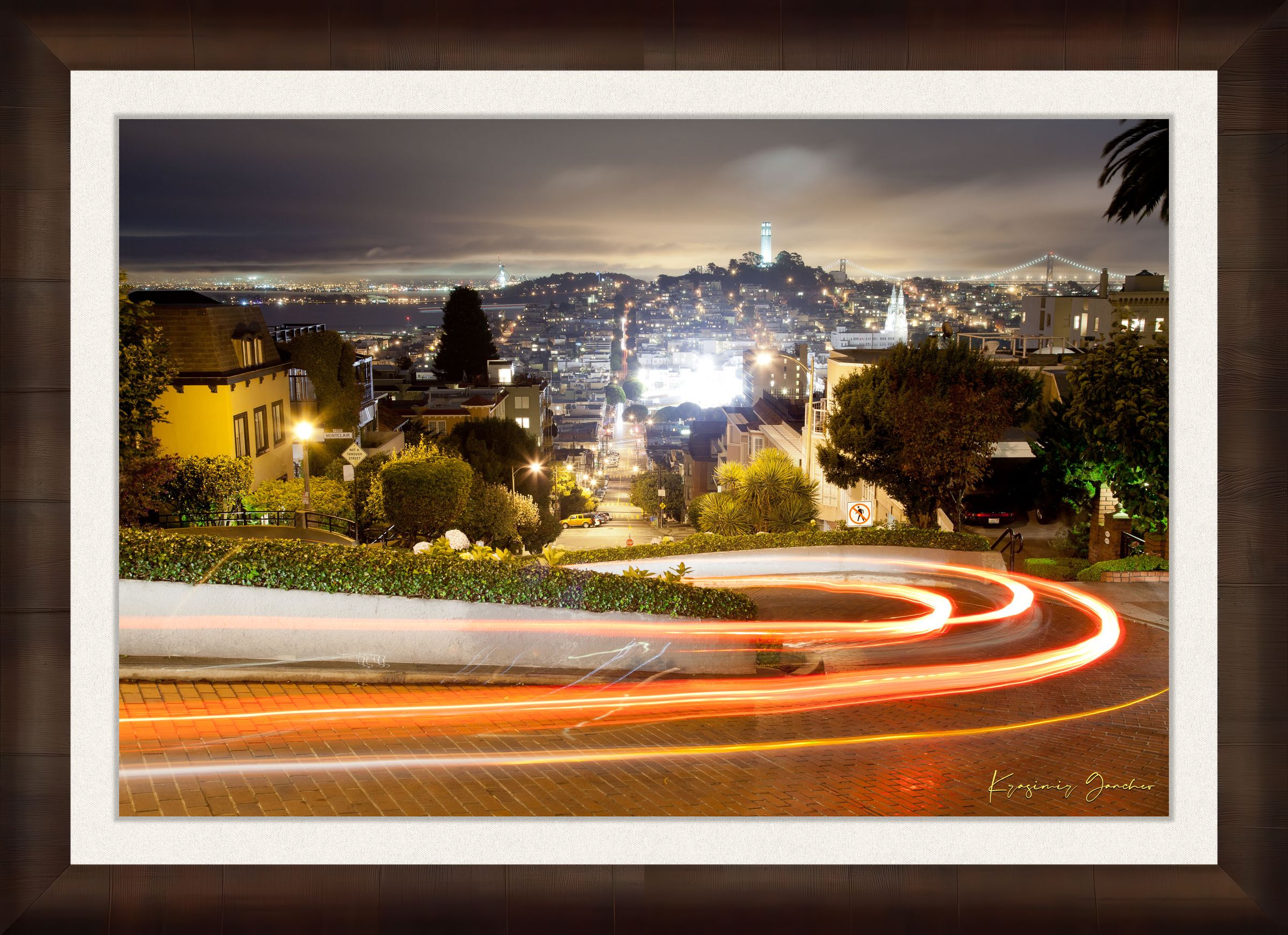 Nighttime Lombard Street in San Francisco showing long exposure light trails under cloudy skies. #Finish_Roma Cigar Leaf Frame & Bright Liner
