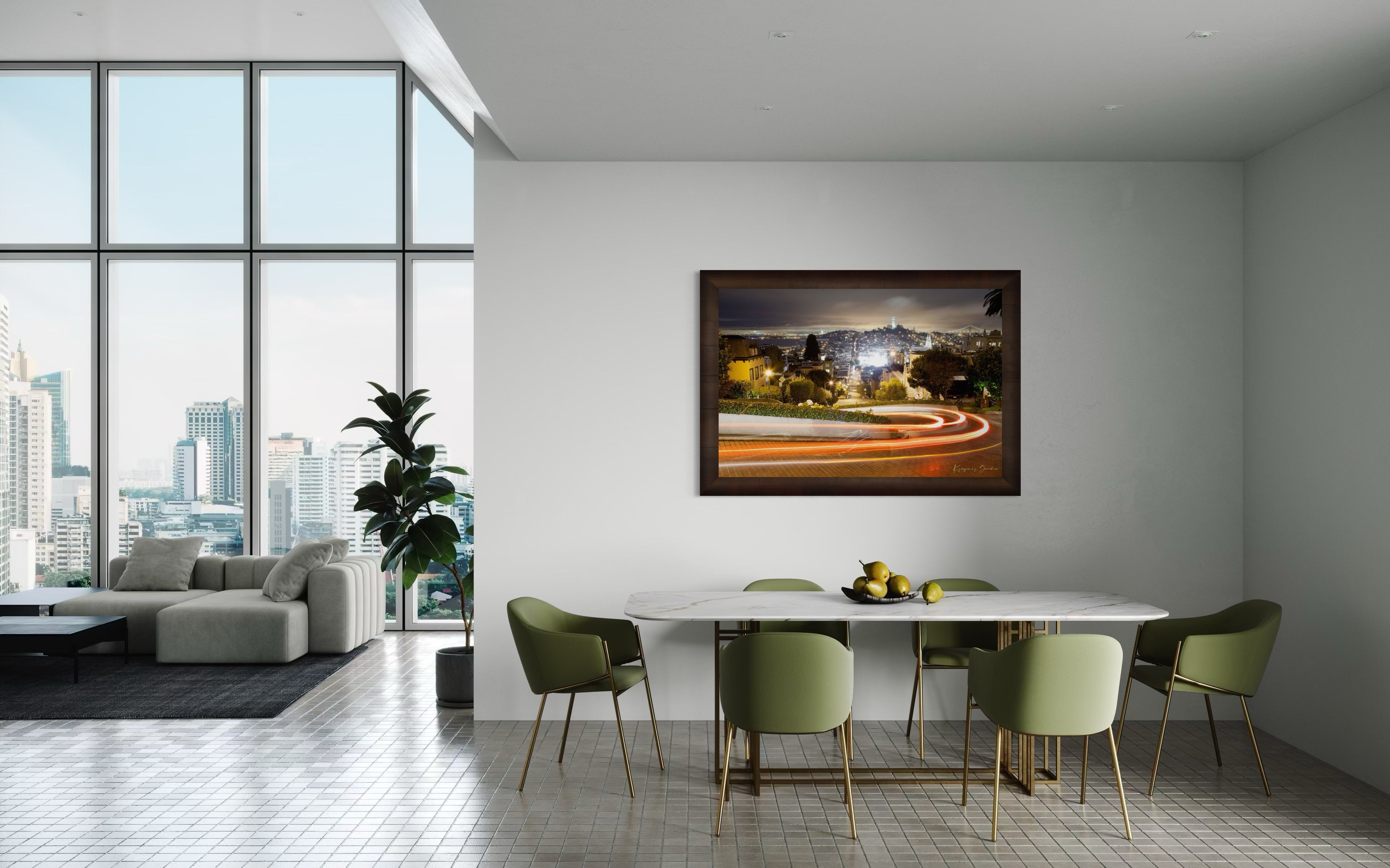 Nighttime Lombard Street in San Francisco showing long exposure light trails under cloudy skies. #Finish_Roma Cigar Leaf Frame