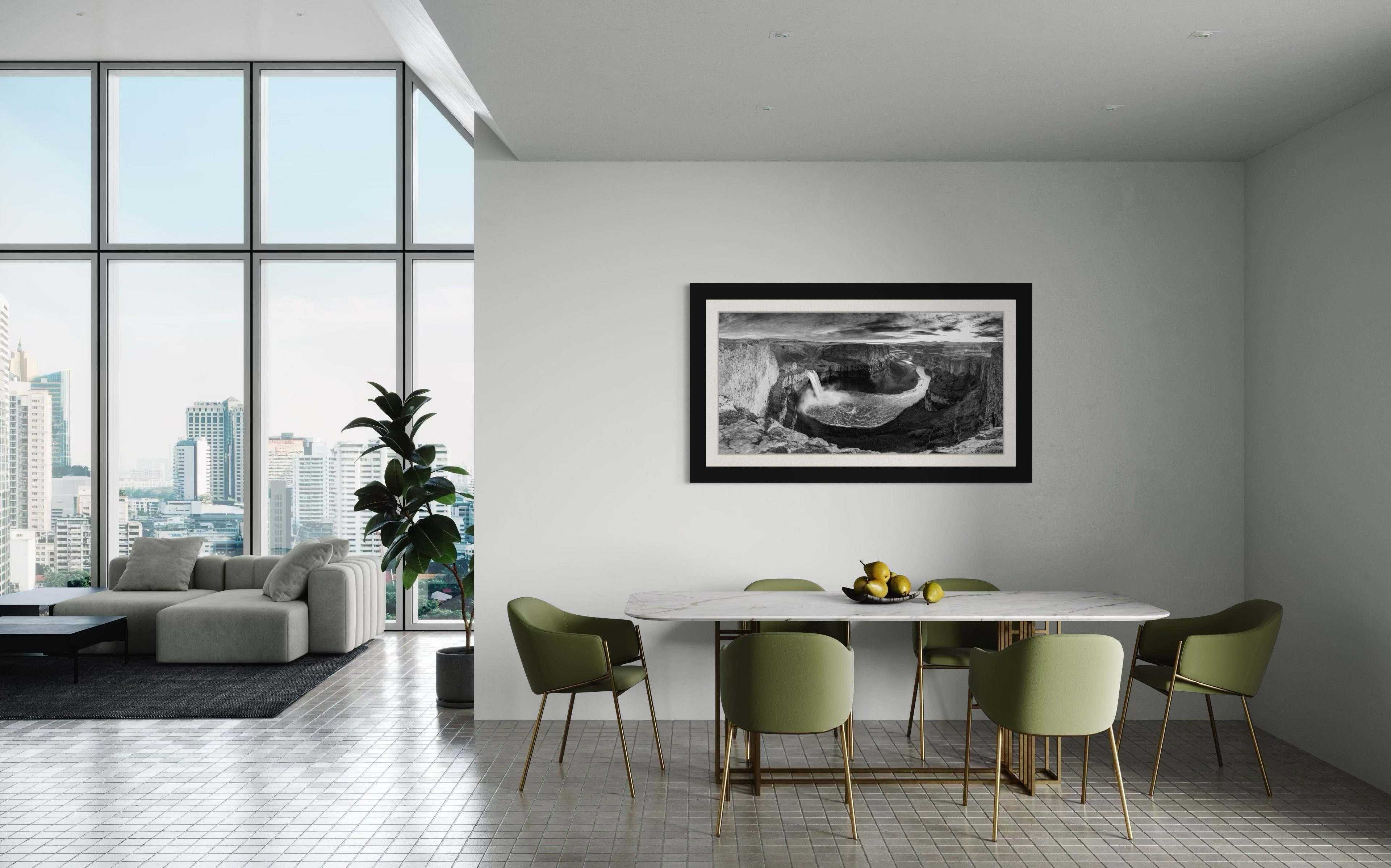 Wide-angle monochrome view of Palouse Falls in Washington State cascading into a rugged canyon with clouds above. #Finish_Roma Satin Black Frame & Bright Liner