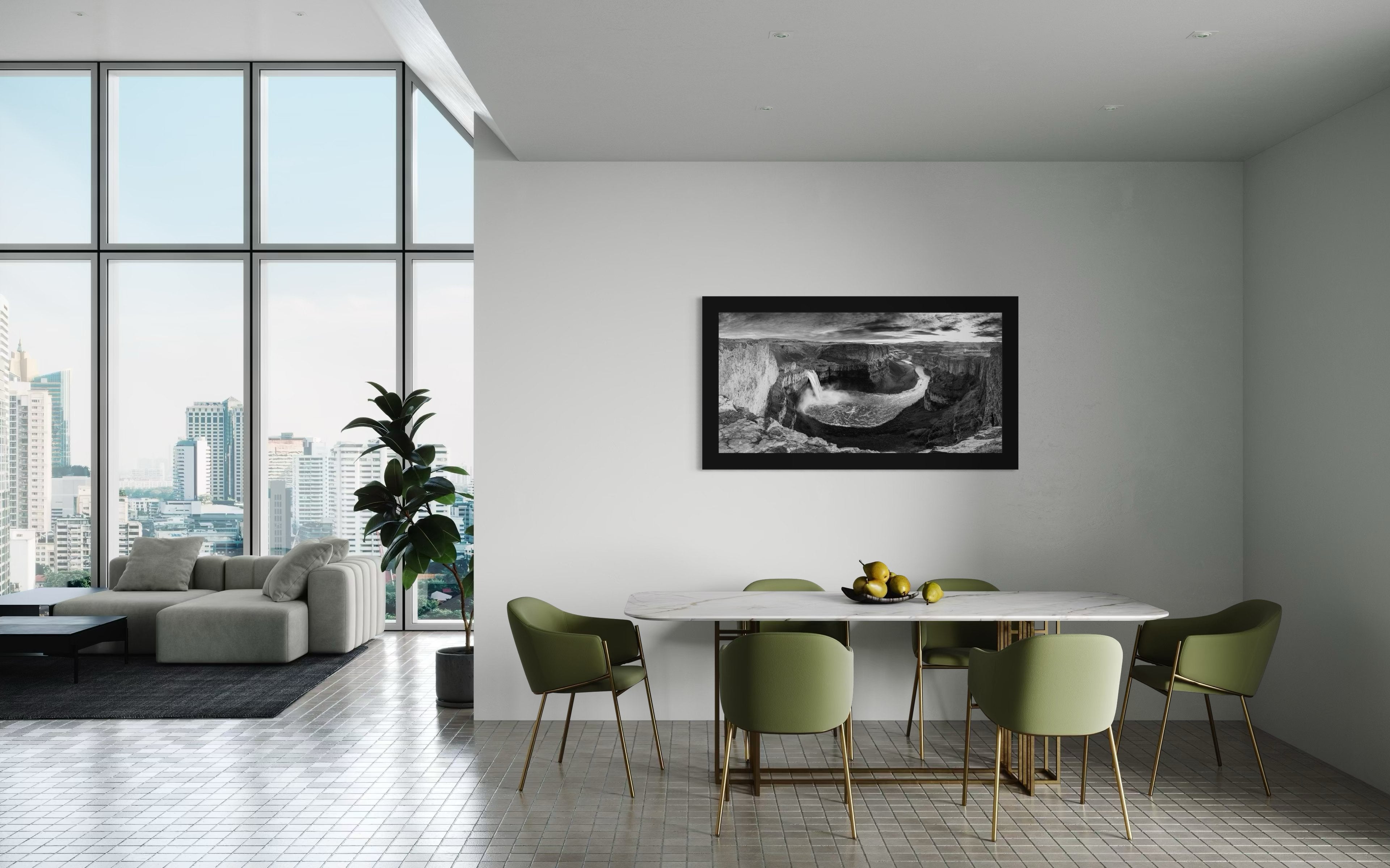 Wide-angle monochrome view of Palouse Falls in Washington State cascading into a rugged canyon with clouds above. #Finish_Roma Satin Black Frame