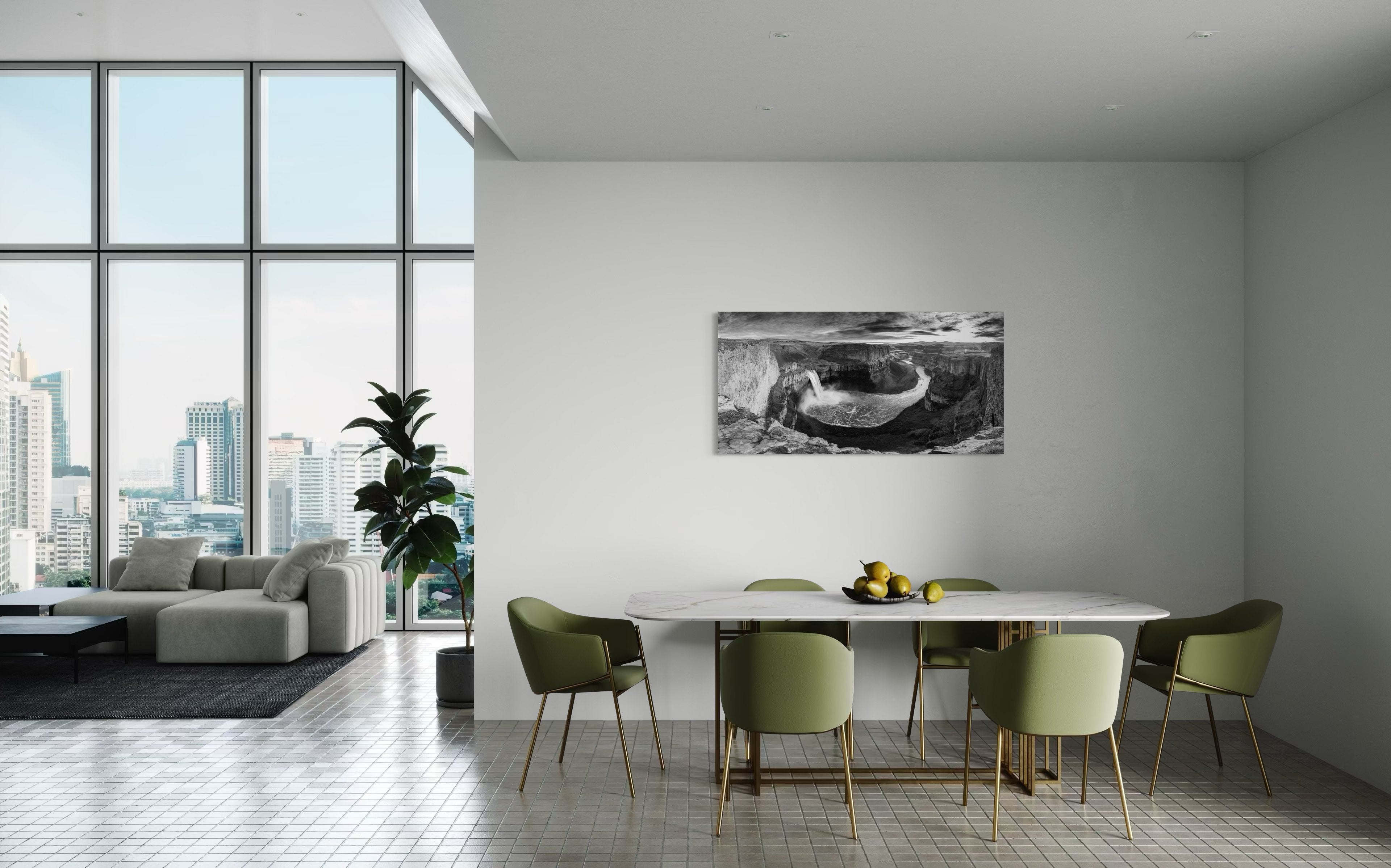 Wide-angle monochrome view of Palouse Falls in Washington State cascading into a rugged canyon with clouds above. #Finish_Acrylic Recess