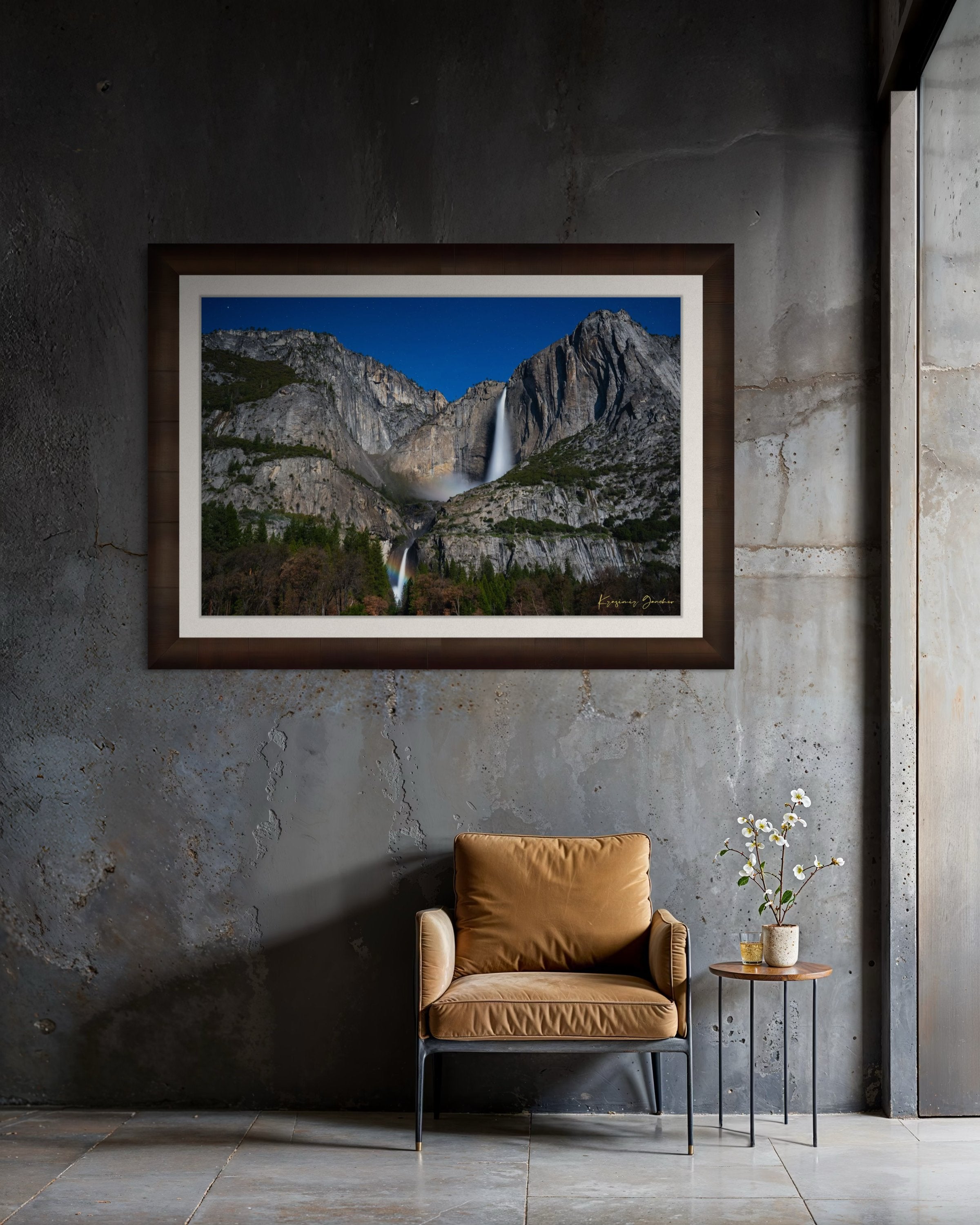 Moonbow over Upper and Lower Yosemite Falls during a starlit full moon in Yosemite National Park. #Finish_Roma Cigar Leaf Frame & Bright Liner