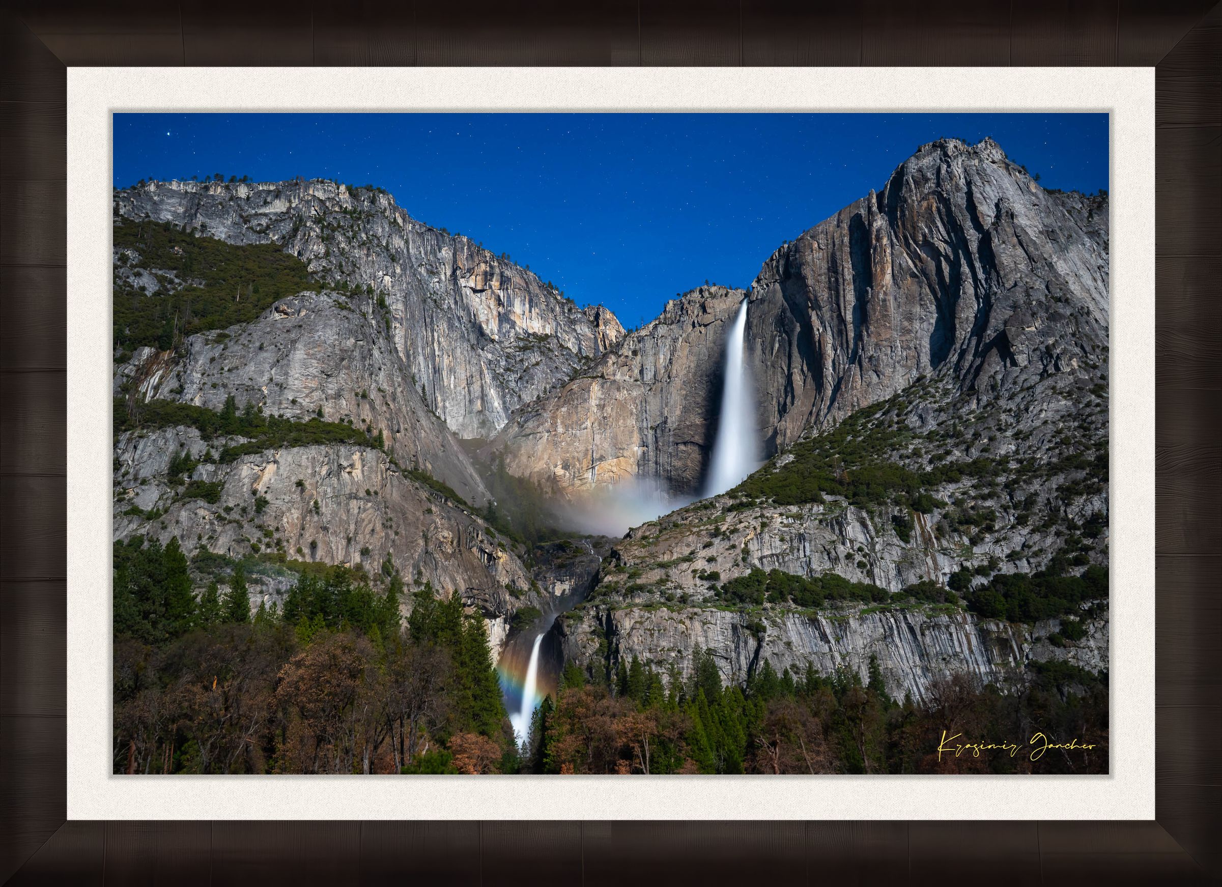 Moonbow over Upper and Lower Yosemite Falls during a starlit full moon in Yosemite National Park. #Finish_Roma Dark Ash Frame & Bright Liner