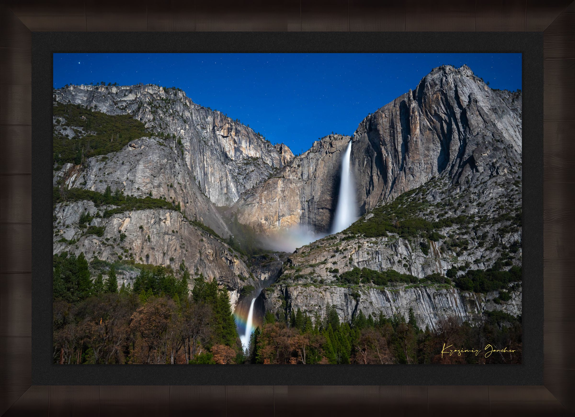 Moonbow over Upper and Lower Yosemite Falls during a starlit full moon in Yosemite National Park. #Finish_Roma Dark Ash Frame & Dark Liner