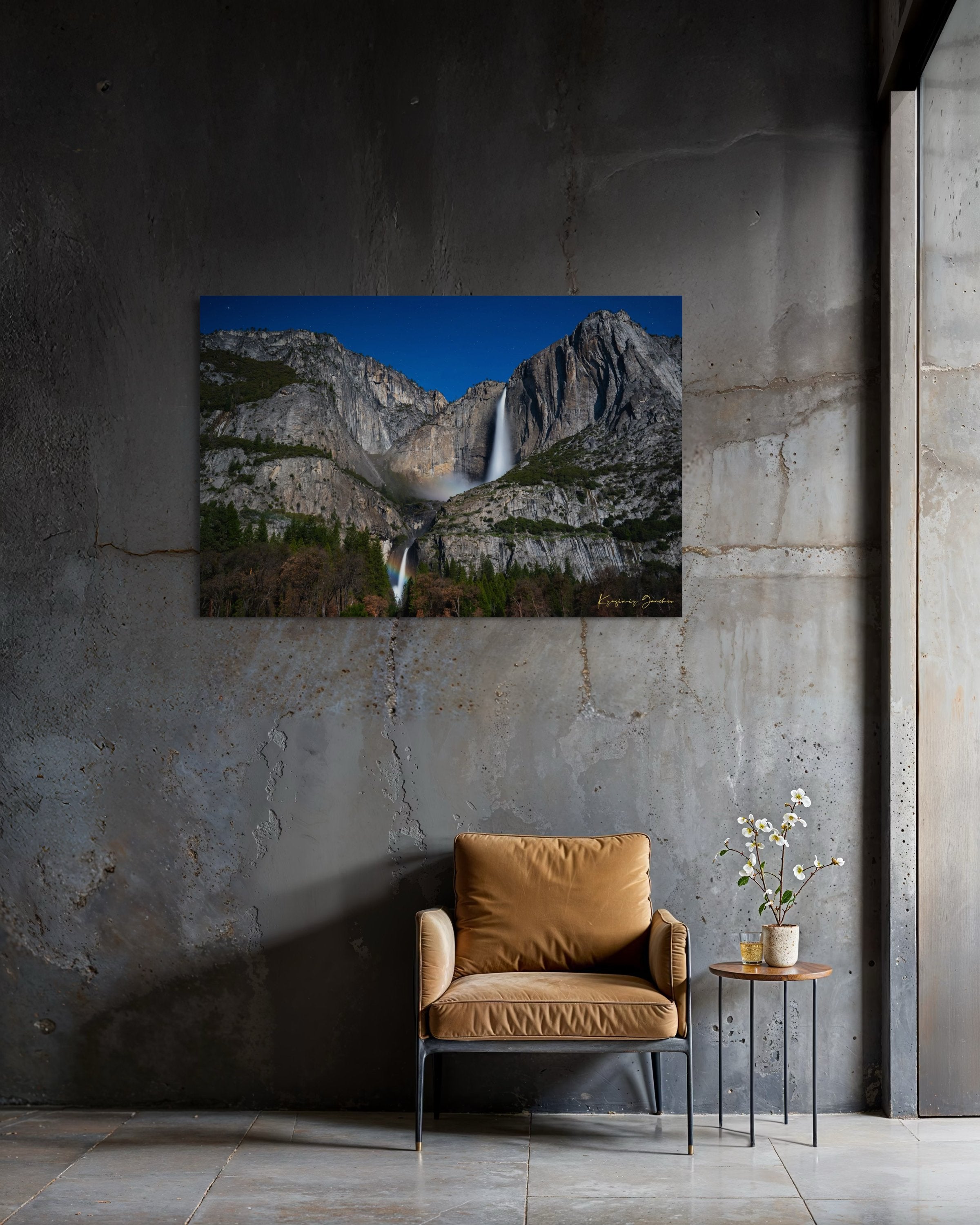 Moonbow over Upper and Lower Yosemite Falls during a starlit full moon in Yosemite National Park. #Finish_Acrylic Recess