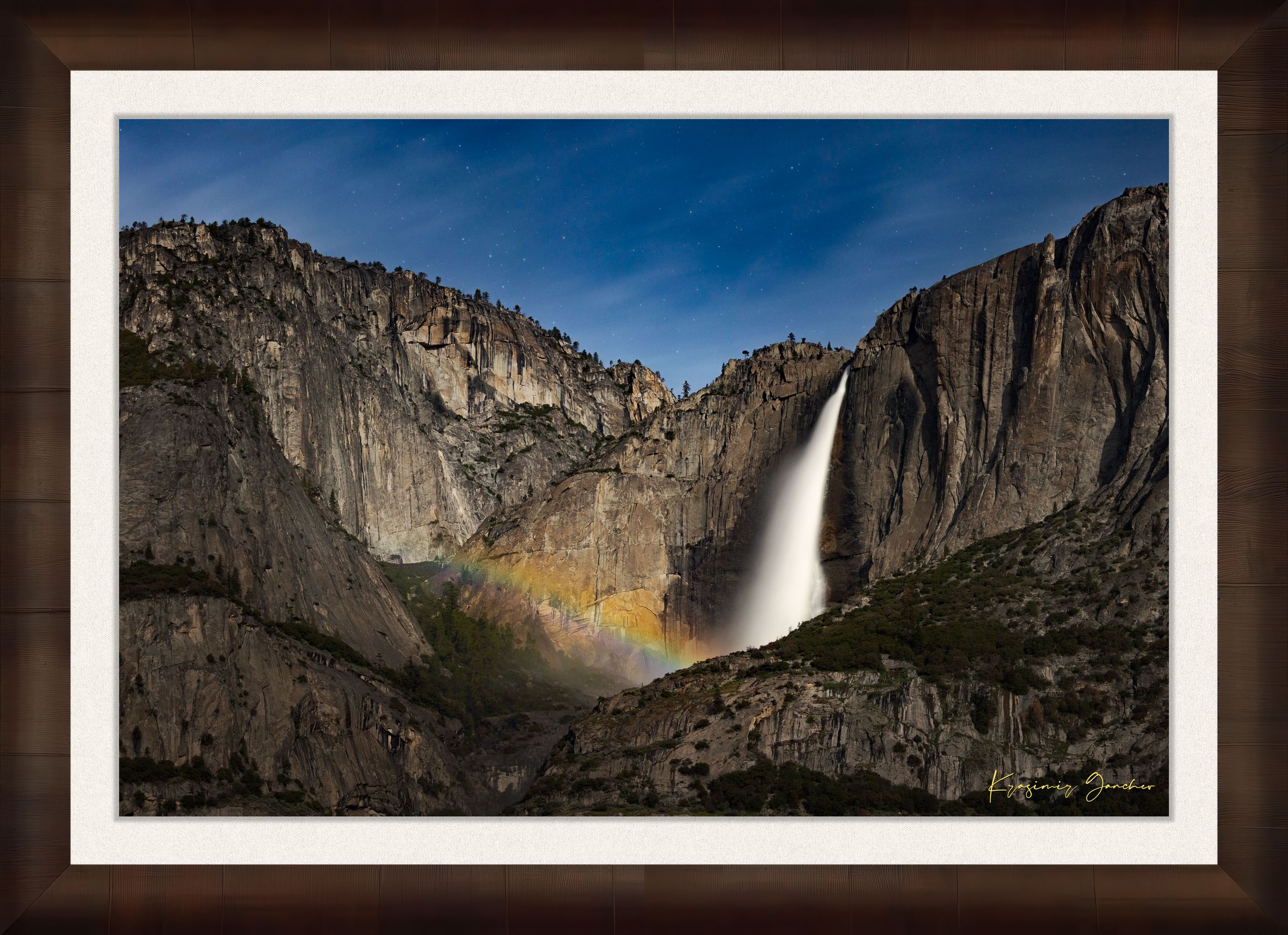 Yosemite Falls at night beneath starlight and a full moon bow, clouds above the monolith. #Finish_Roma Cigar Leaf Frame & Bright Liner