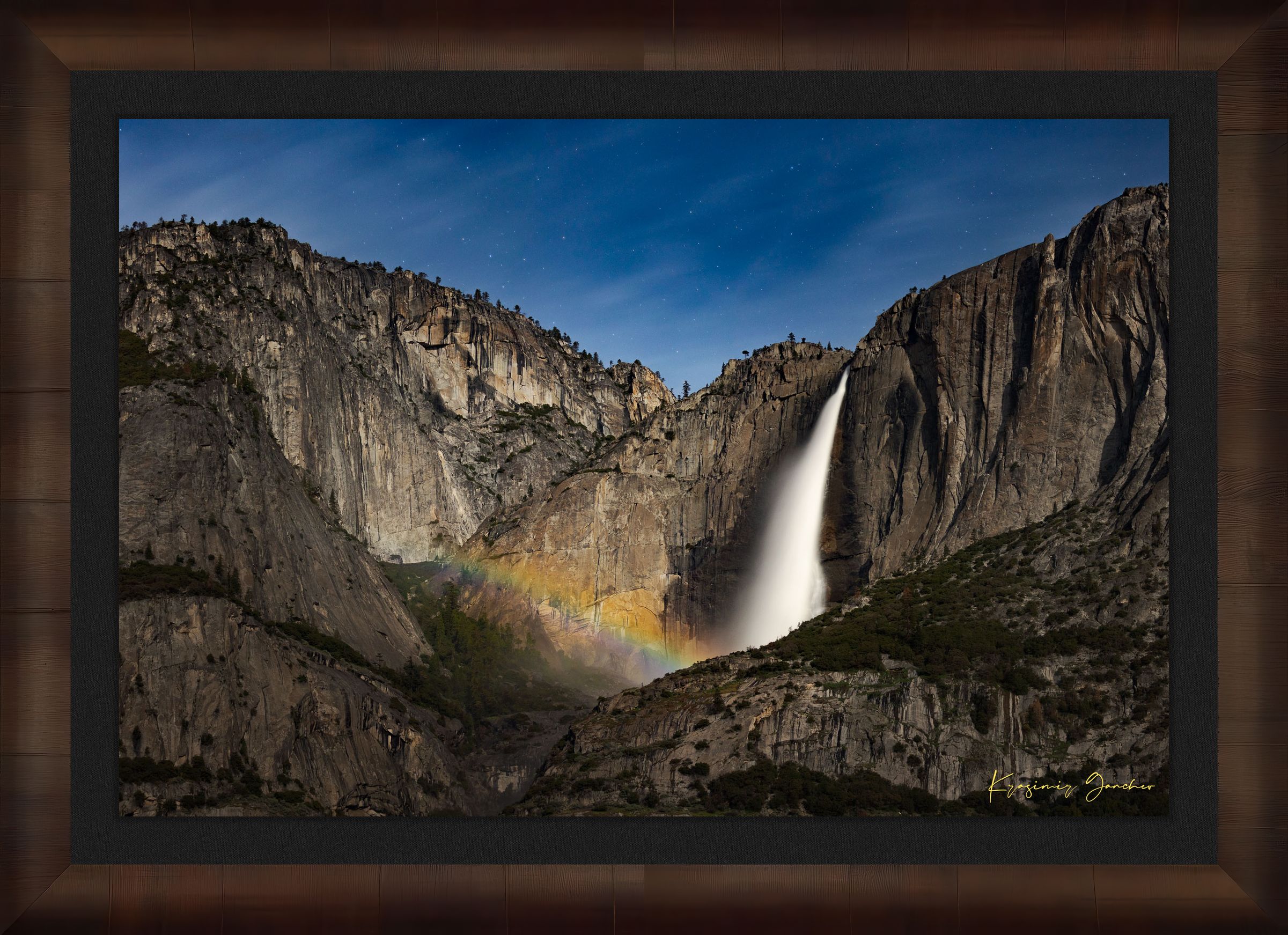 Yosemite Falls at night beneath starlight and a full moon bow, clouds above the monolith. #Finish_Roma Cigar Leaf Frame & Dark Liner