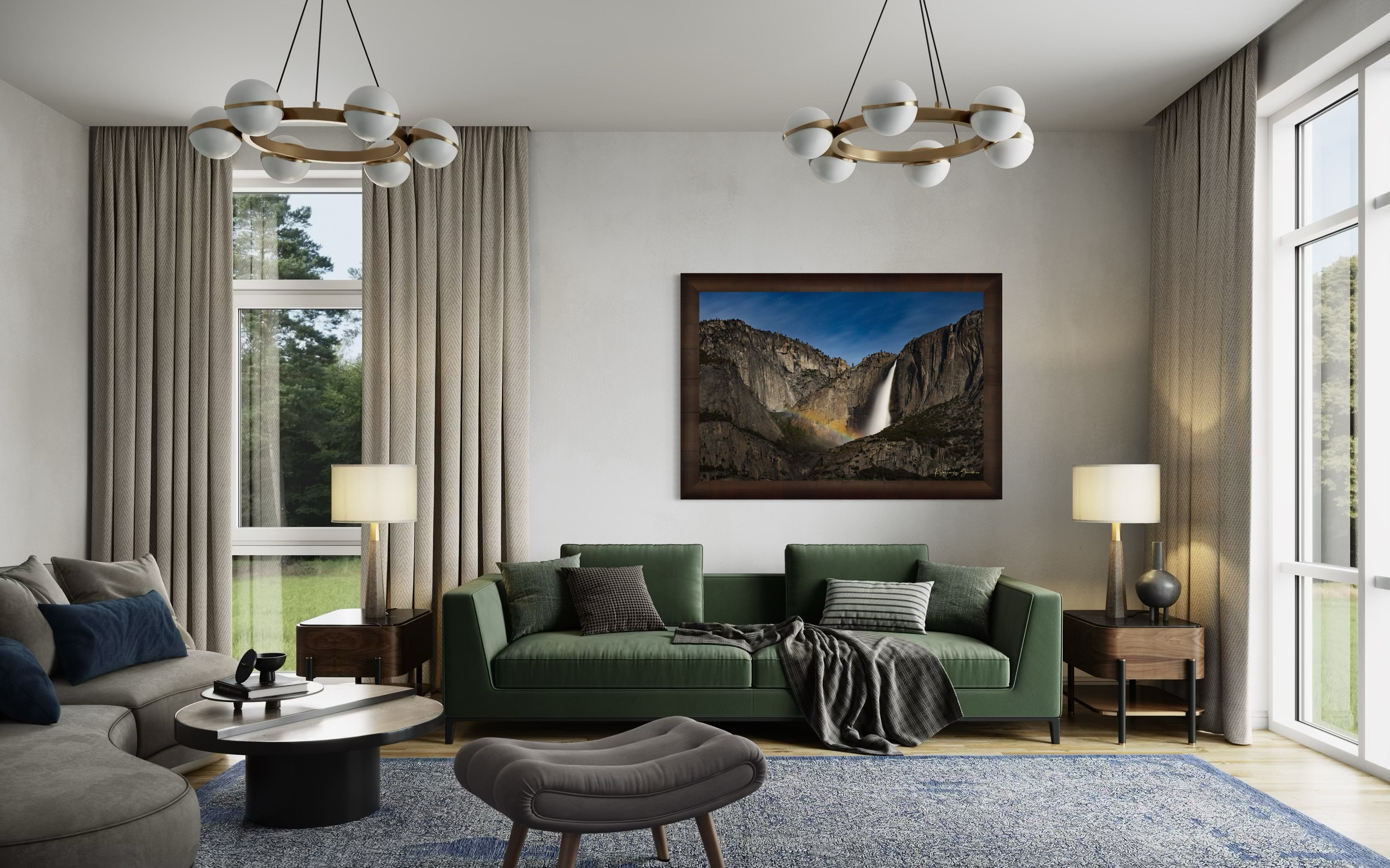 Yosemite Falls at night beneath starlight and a full moon bow, clouds above the monolith. #Finish_Roma Cigar Leaf Frame