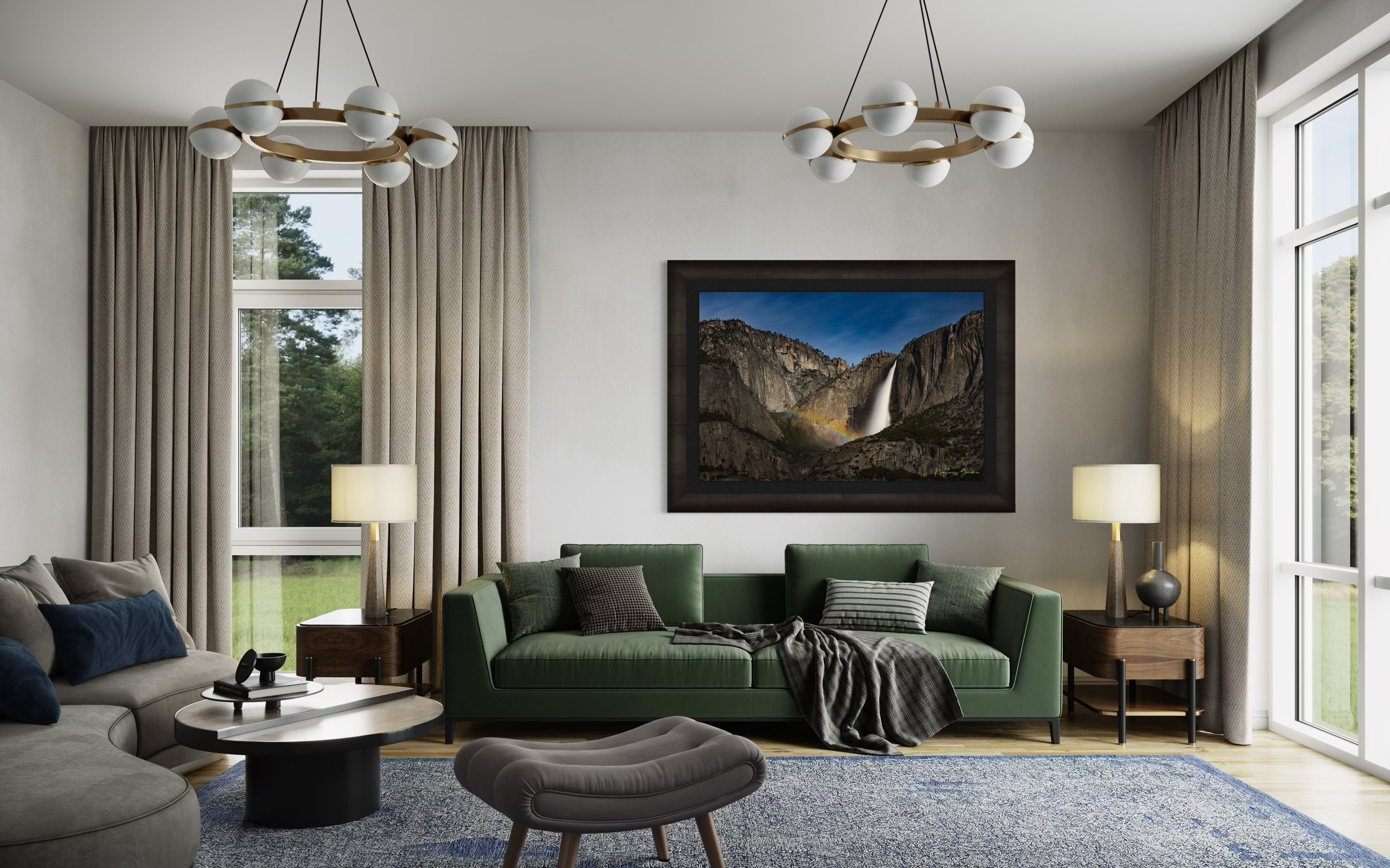 Yosemite Falls at night beneath starlight and a full moon bow, clouds above the monolith. #Finish_Roma Dark Ash Frame & Dark Liner