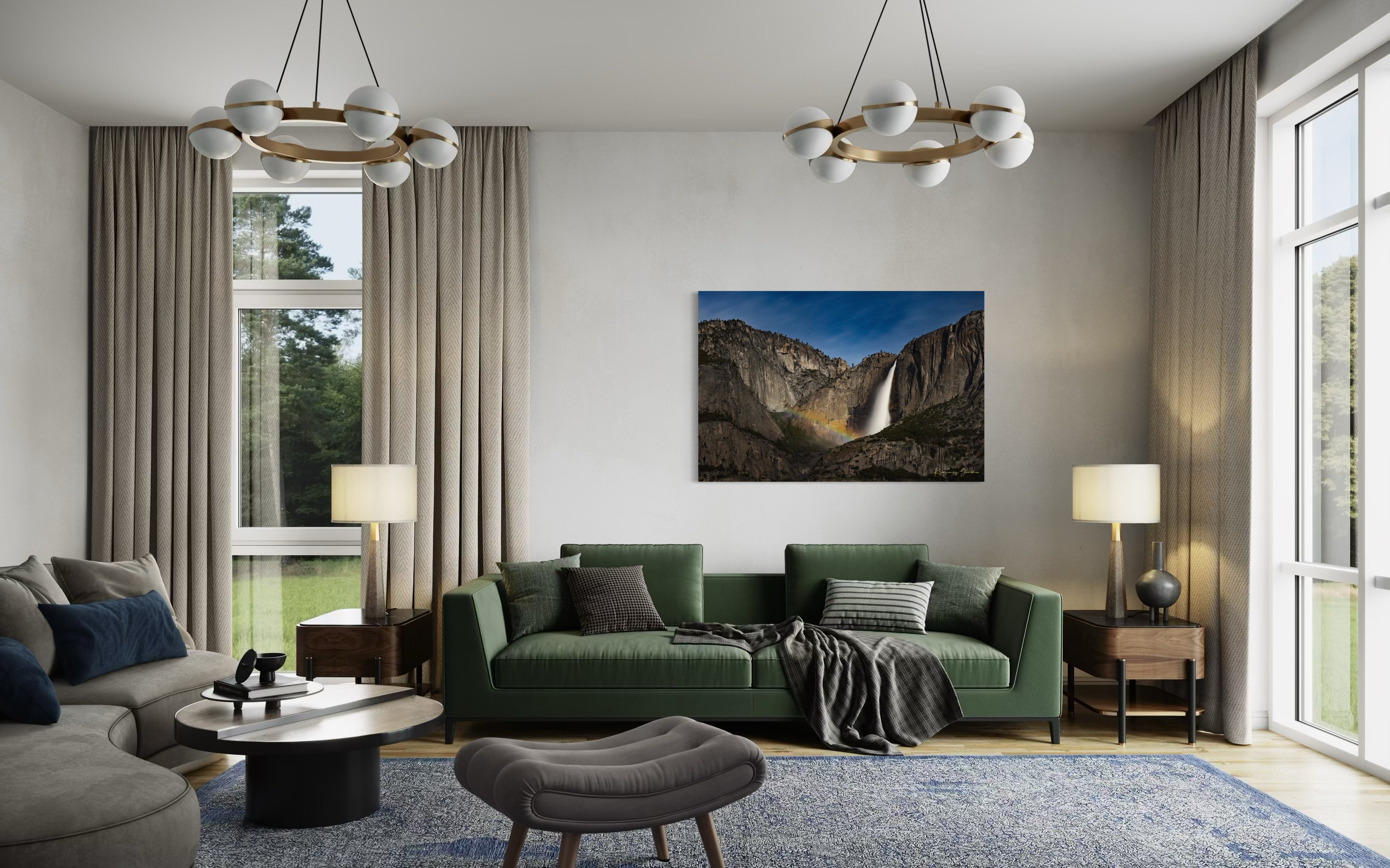 Yosemite Falls at night beneath starlight and a full moon bow, clouds above the monolith. #Finish_Acrylic Recess