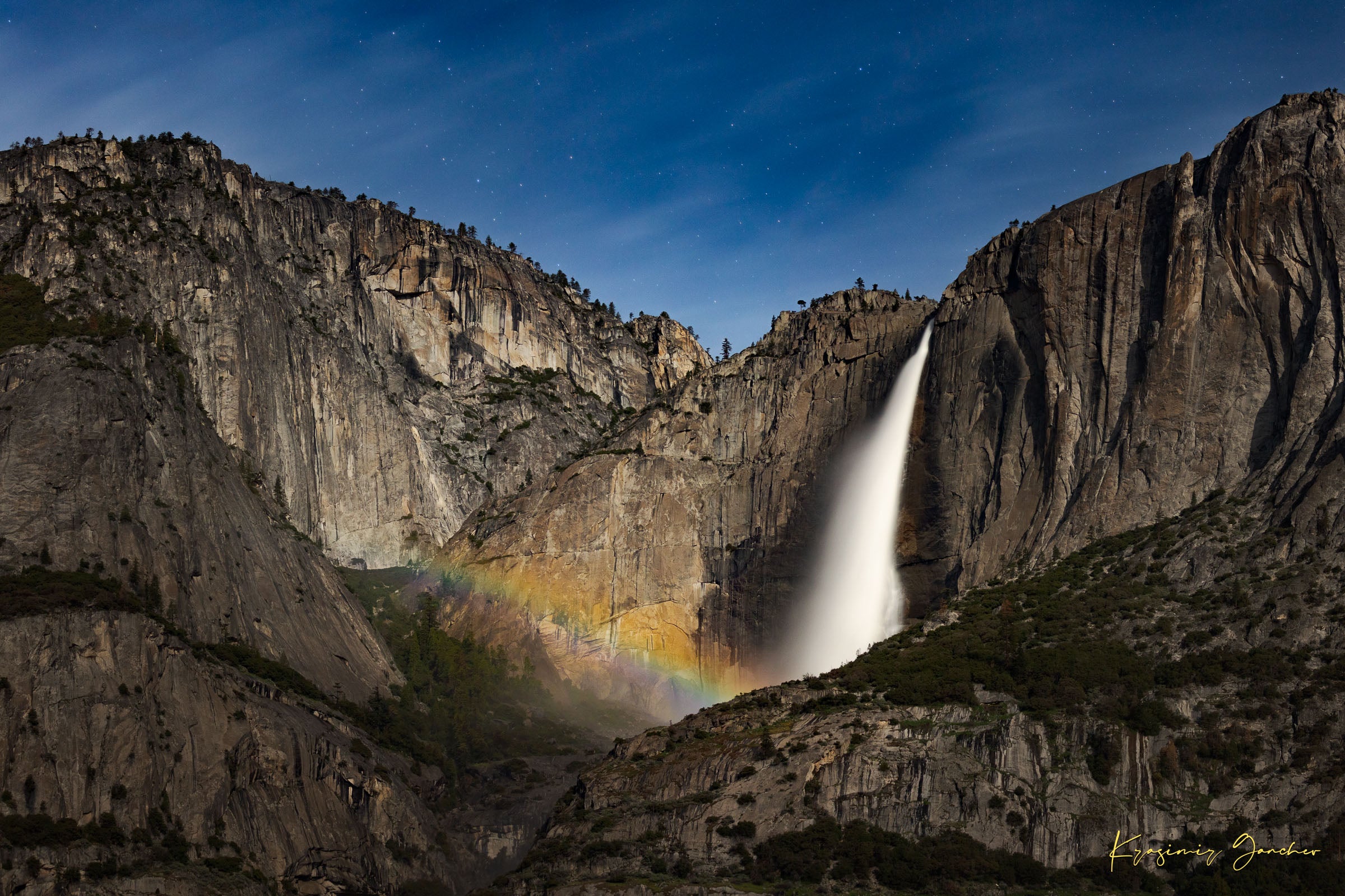 Yosemite Falls at night beneath starlight and a full moon bow, clouds above the monolith. #Finish_Acrylic Recess