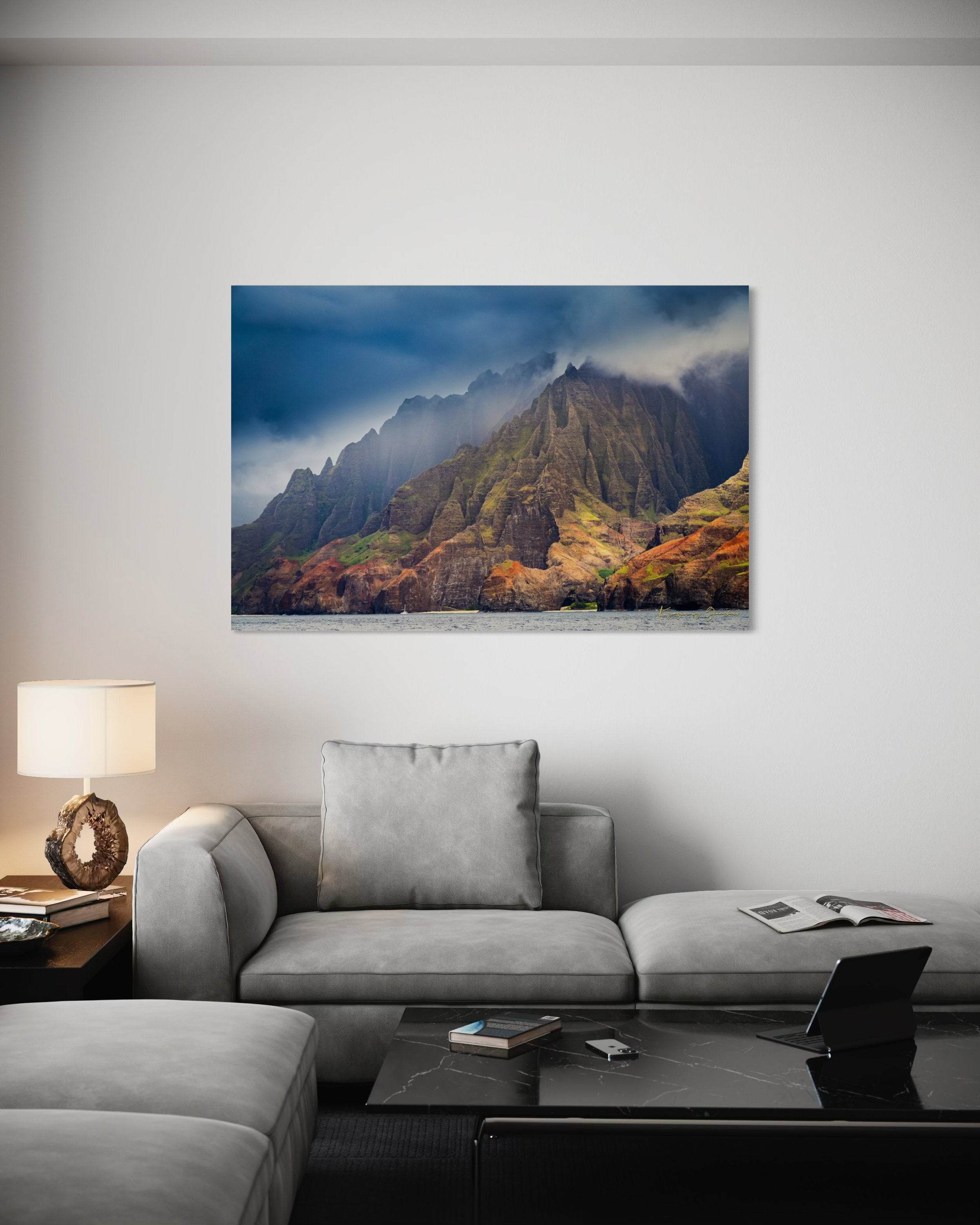 Rugged coastal cliff face rising from the Pacific Ocean at Napali Coast, Kauai, with light breaking through storm clouds. #Finish_Acrylic Recess