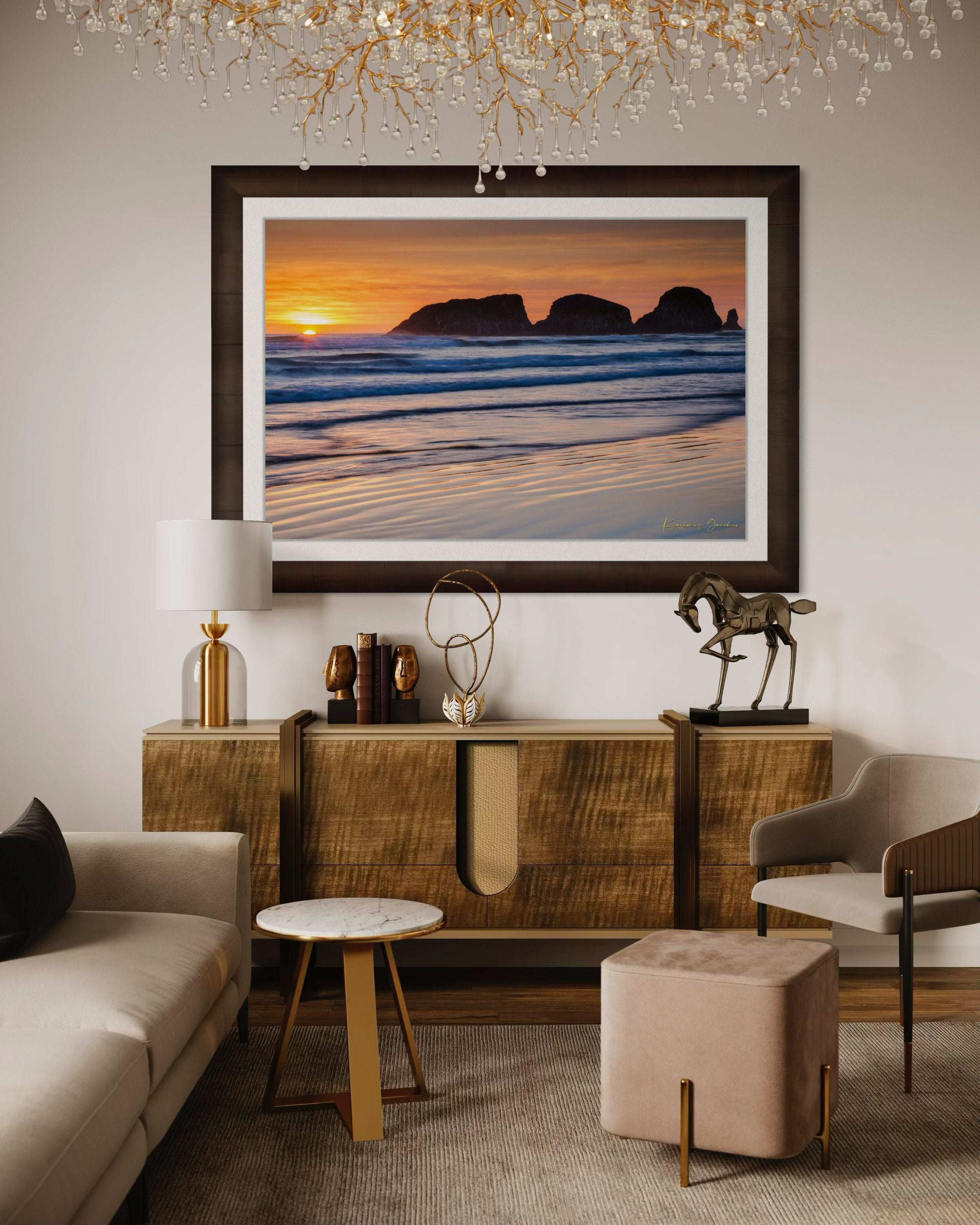 Bird Rock at Cannon Beach, Oregon, during sunset with reflections in the wet sand and ocean under cloudy skies. #Finish_Roma Cigar Leaf Frame & Bright Liner