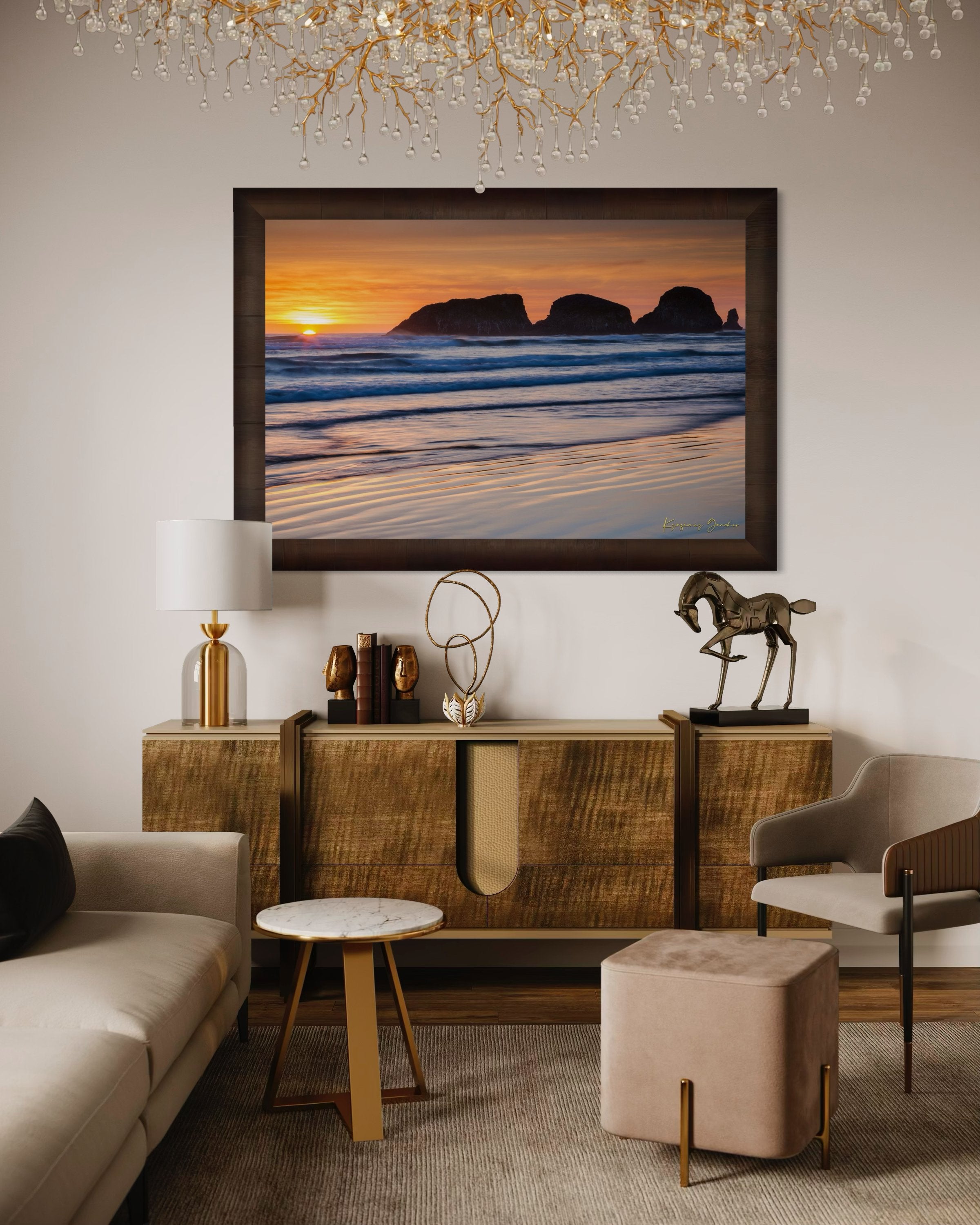 Bird Rock at Cannon Beach, Oregon, during sunset with reflections in the wet sand and ocean under cloudy skies. #Finish_Roma Cigar Leaf Frame