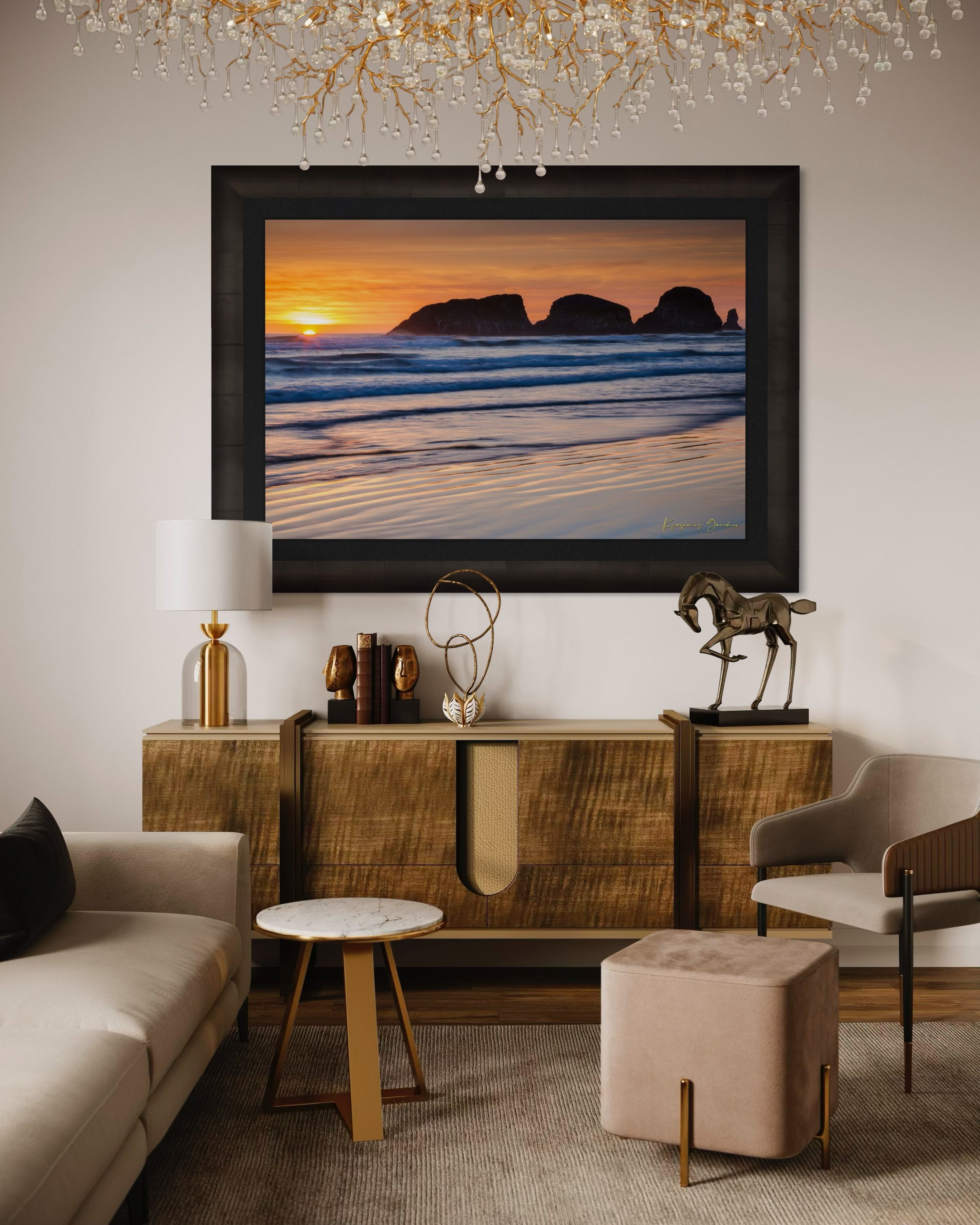 Bird Rock at Cannon Beach, Oregon, during sunset with reflections in the wet sand and ocean under cloudy skies. #Finish_Roma Dark Ash Frame & Dark Liner