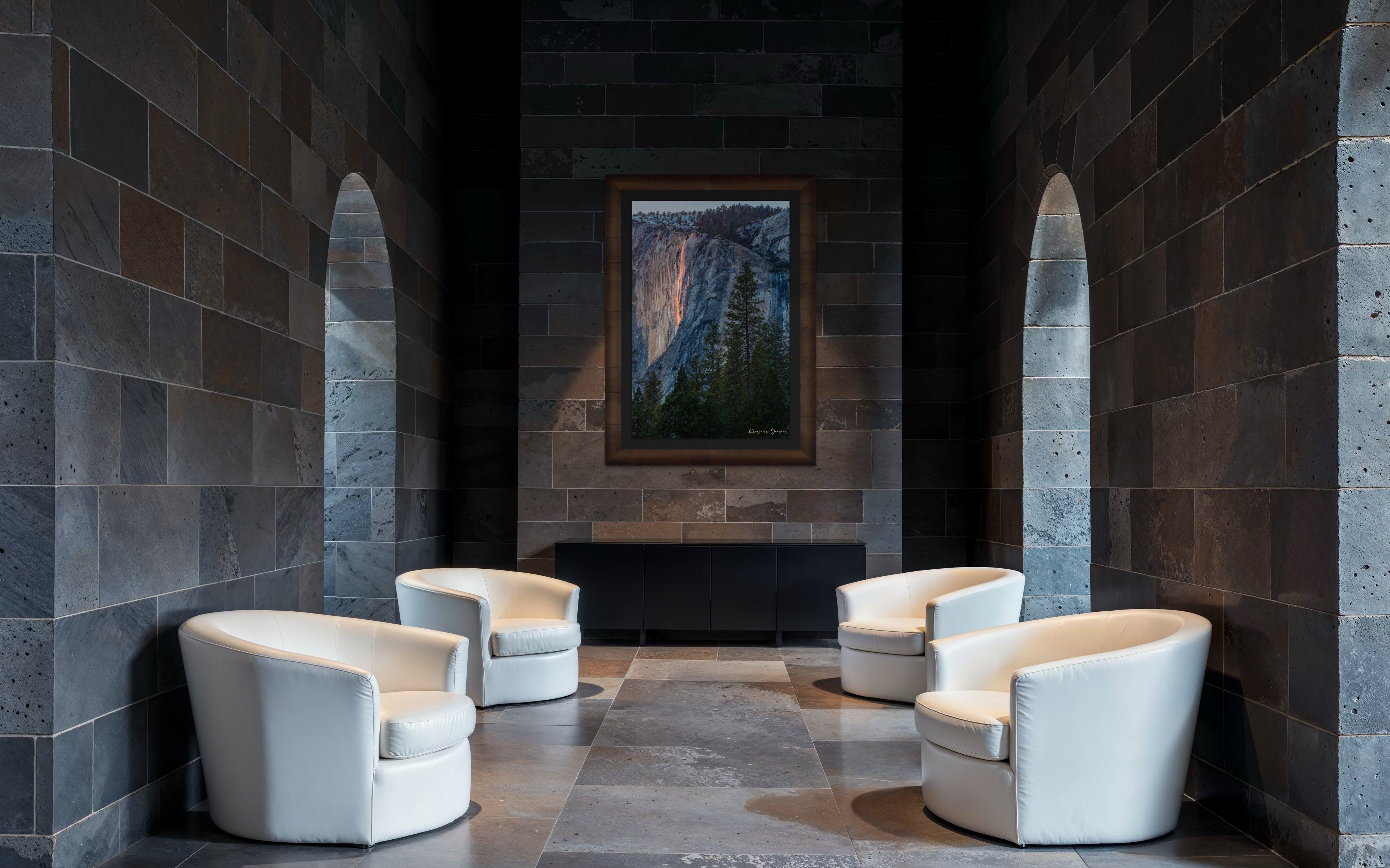 Firefall illuminated waterfall cascading on El Capitan monolith with foreground trees framing the scene during a cloudy sunset in Yosemite. #Finish_Roma Cigar Leaf Frame & Dark Liner