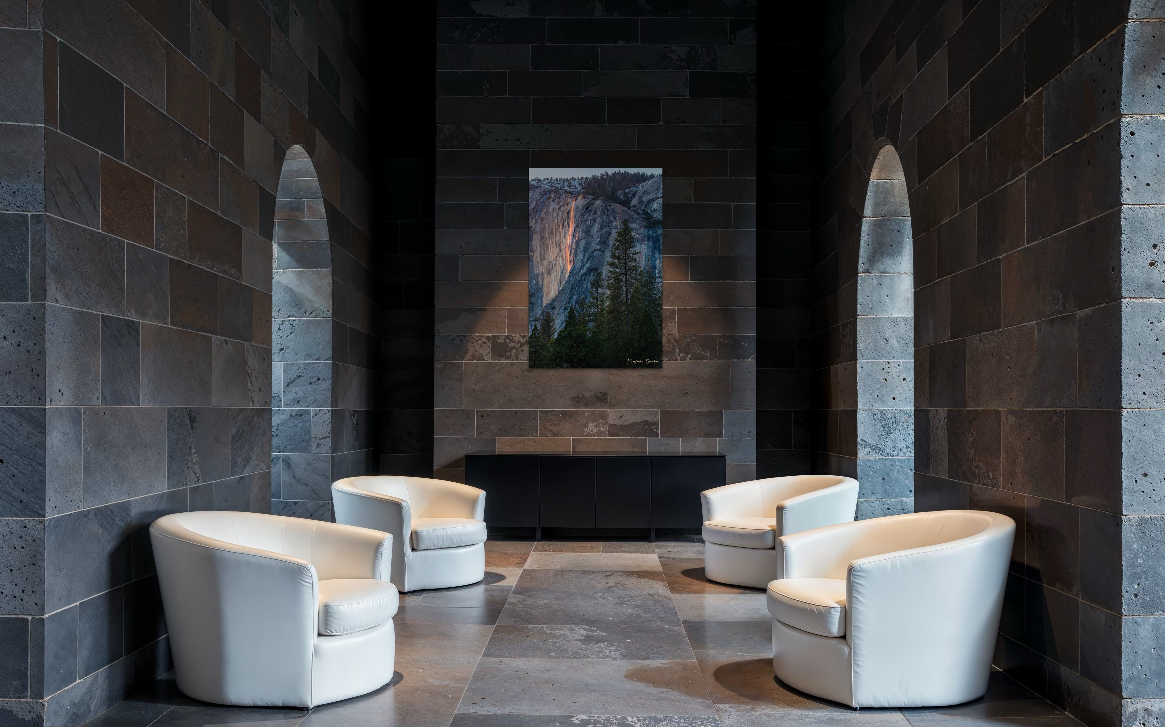 Firefall illuminated waterfall cascading on El Capitan monolith with foreground trees framing the scene during a cloudy sunset in Yosemite. #Finish_Acrylic Recess