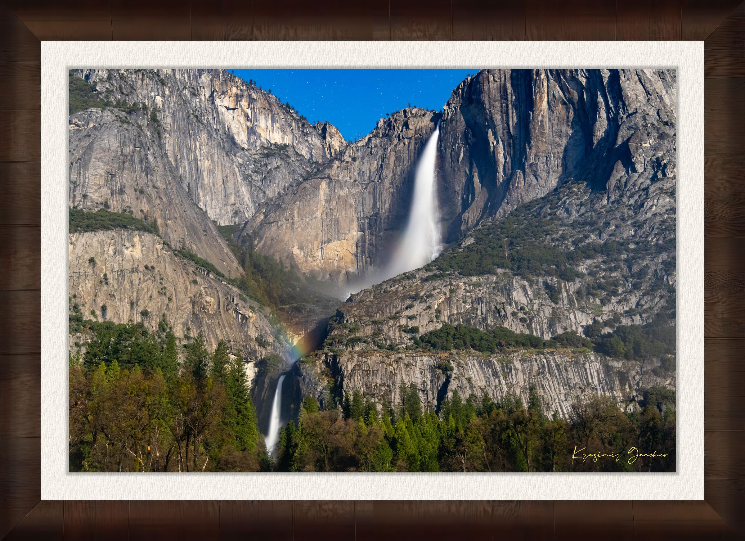 Yosemite Falls under starlight with a moonbow forming in mist created by cascading water against granite cliffs. #Finish_Roma Cigar Leaf Frame & Bright Liner