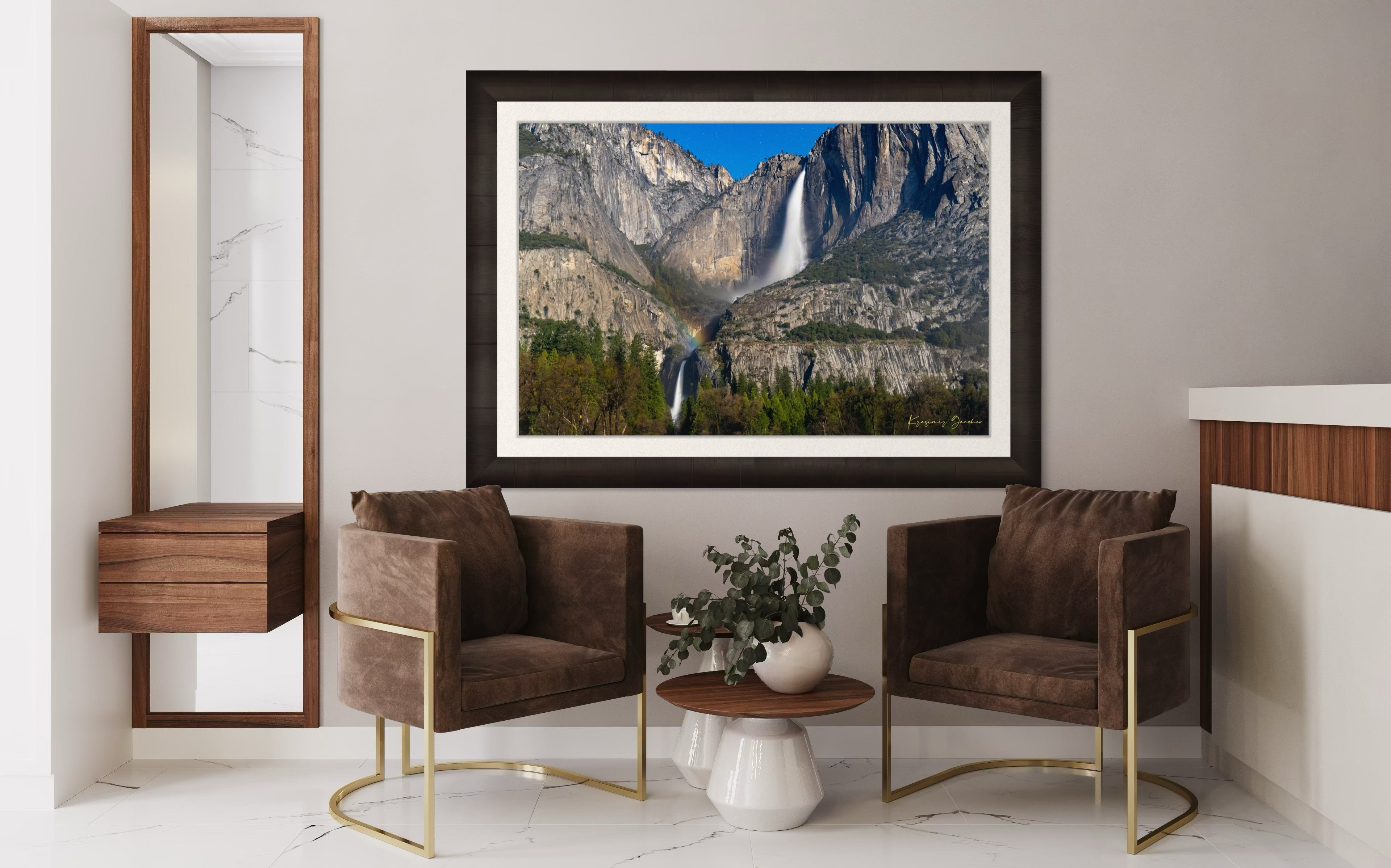 Yosemite Falls under starlight with a moonbow forming in mist created by cascading water against granite cliffs. #Finish_Roma Dark Ash Frame & Bright Liner