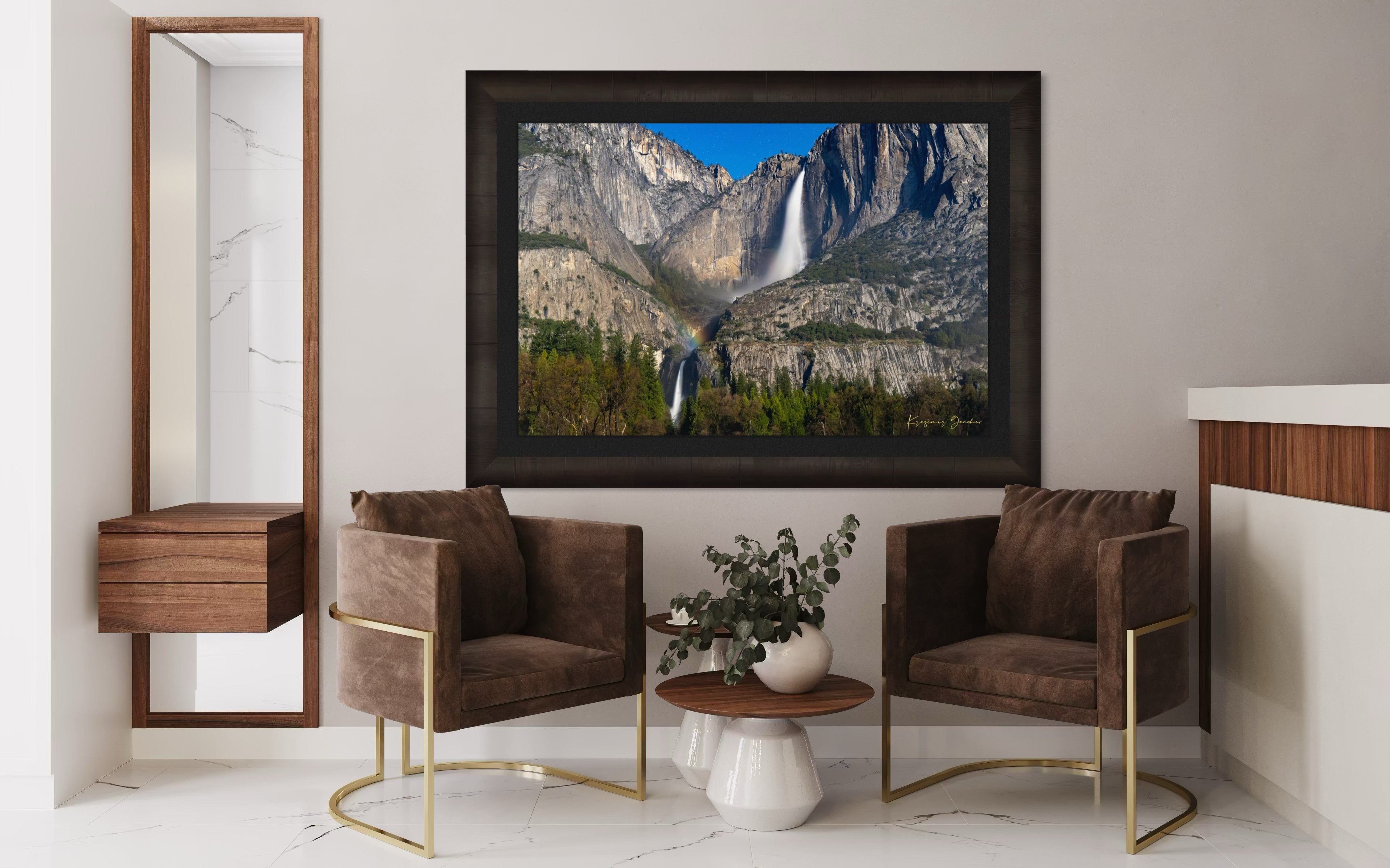 Yosemite Falls under starlight with a moonbow forming in mist created by cascading water against granite cliffs. #Finish_Roma Dark Ash Frame & Dark Liner