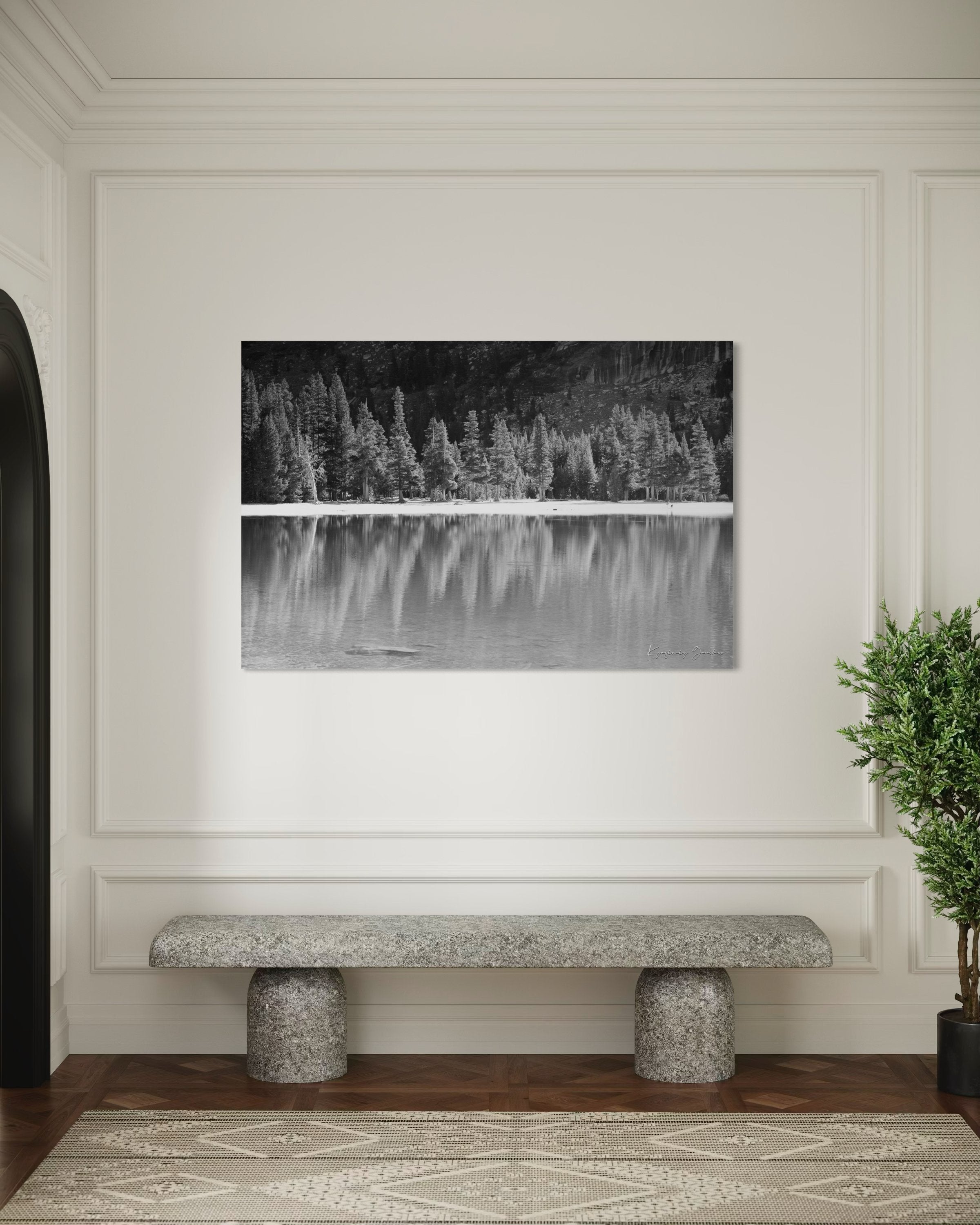 Still mirror-like lake surrounded by pines under clear daylight in Yosemite National Park, showing perfect symmetry. #Finish_Acrylic Recess