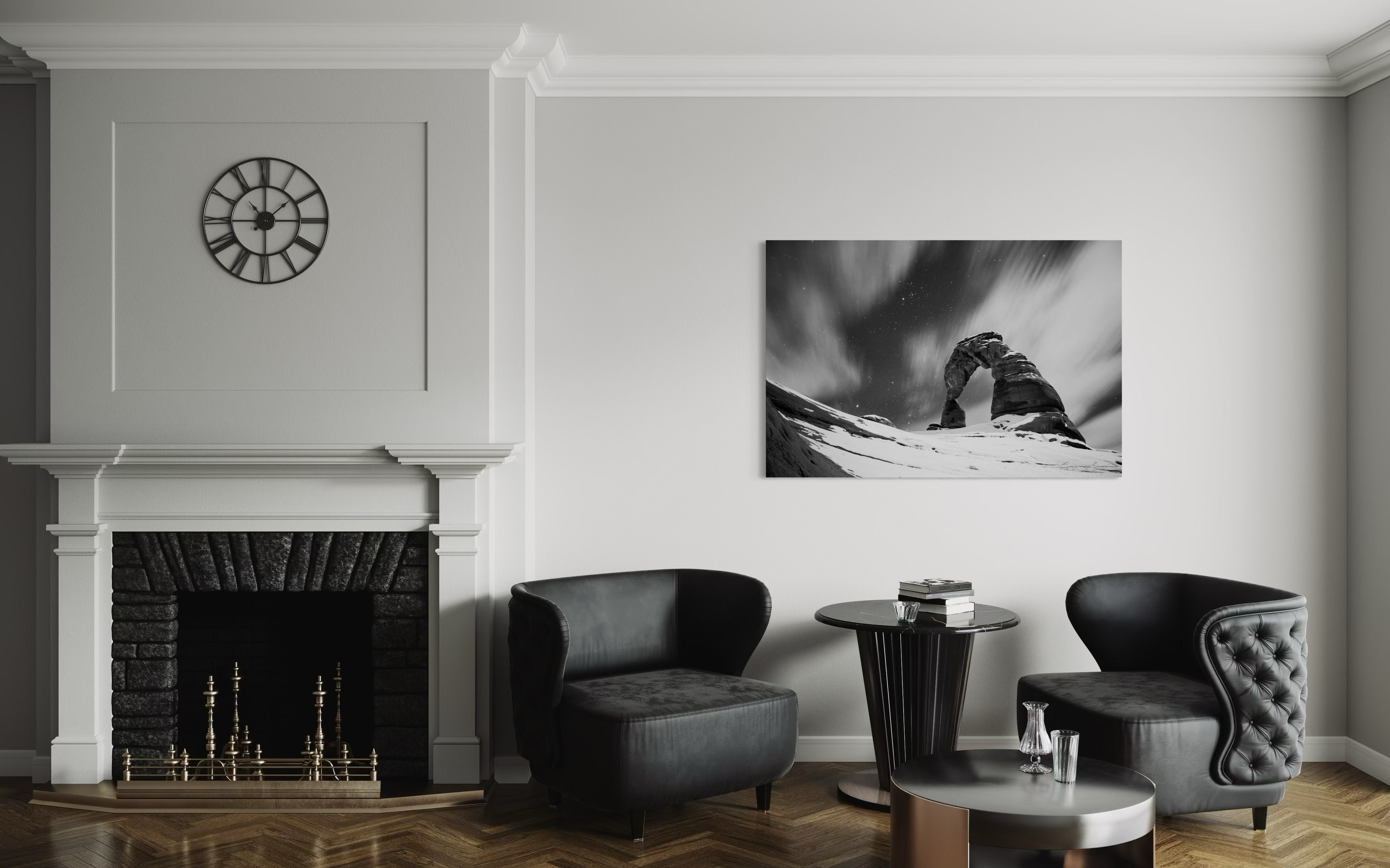 Silhouette of Delicate Arch against a star-filled night sky in Utah's Arches National Park, featuring cloud trails and snow cover. #Finish_Acrylic Recess