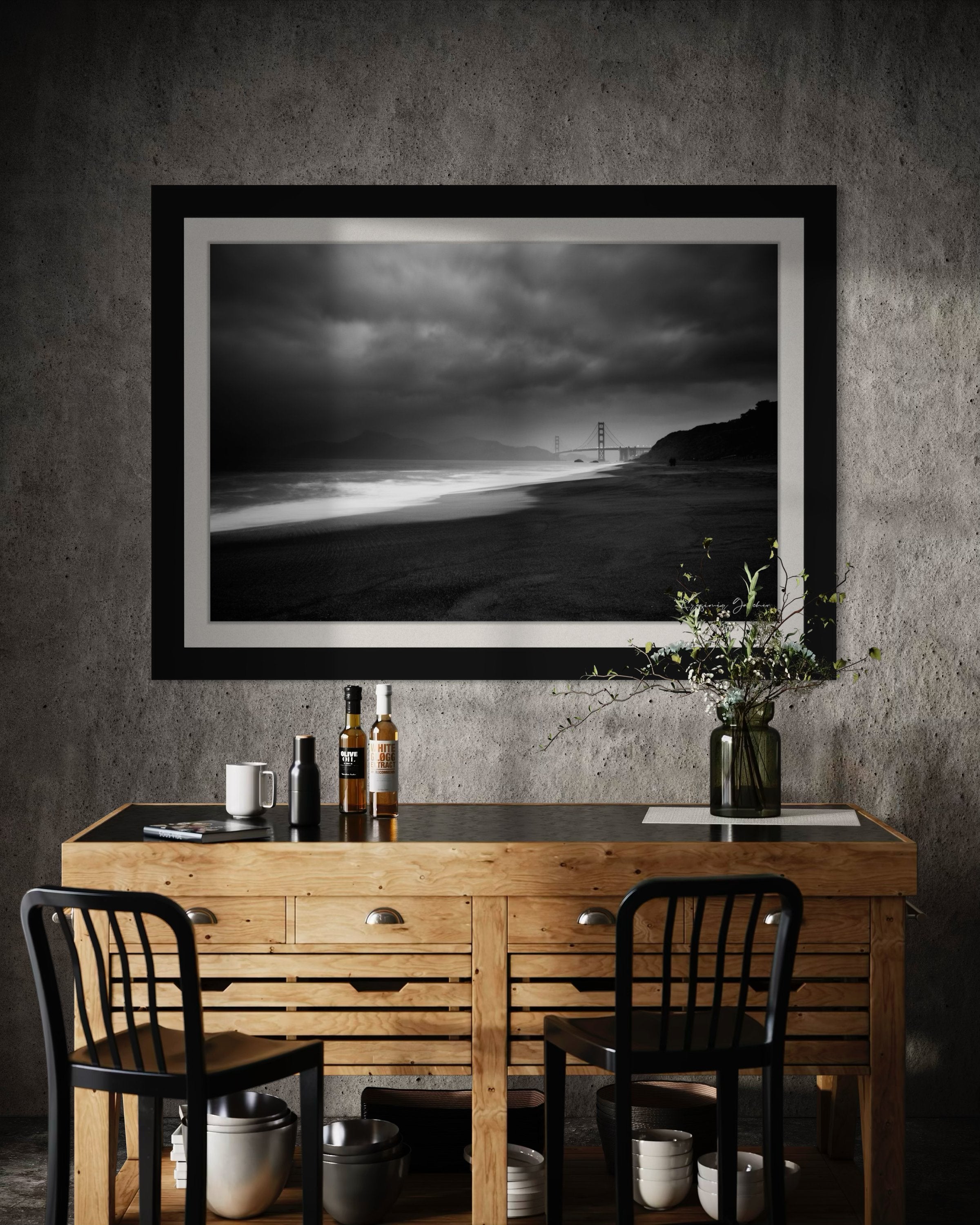 Golden Gate Bridge silhouette visible through thick clouds and fog over ocean near Baker Beach. #Finish_Roma Satin Black Frame & Bright Liner