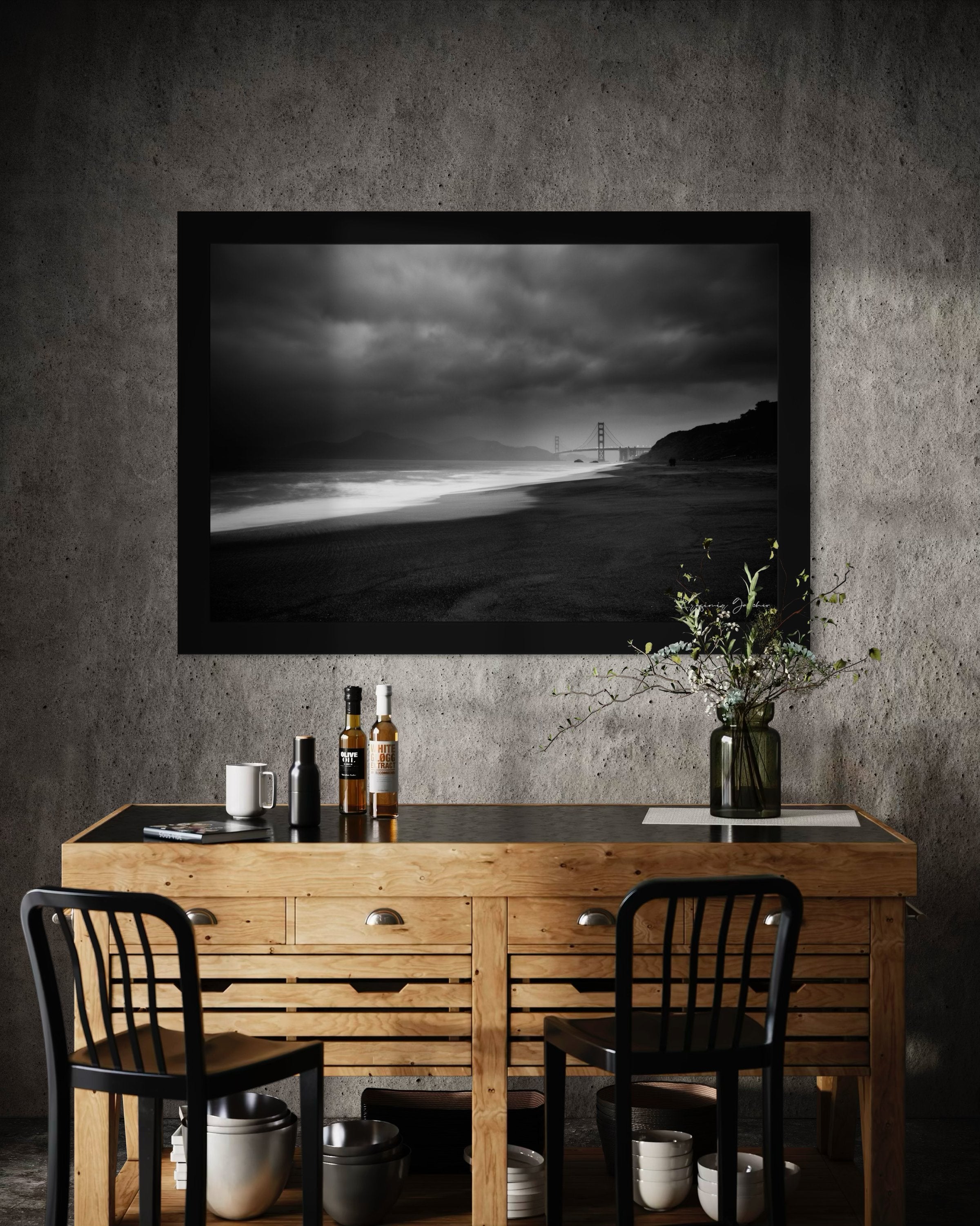 Golden Gate Bridge silhouette visible through thick clouds and fog over ocean near Baker Beach. #Finish_Roma Satin Black Frame