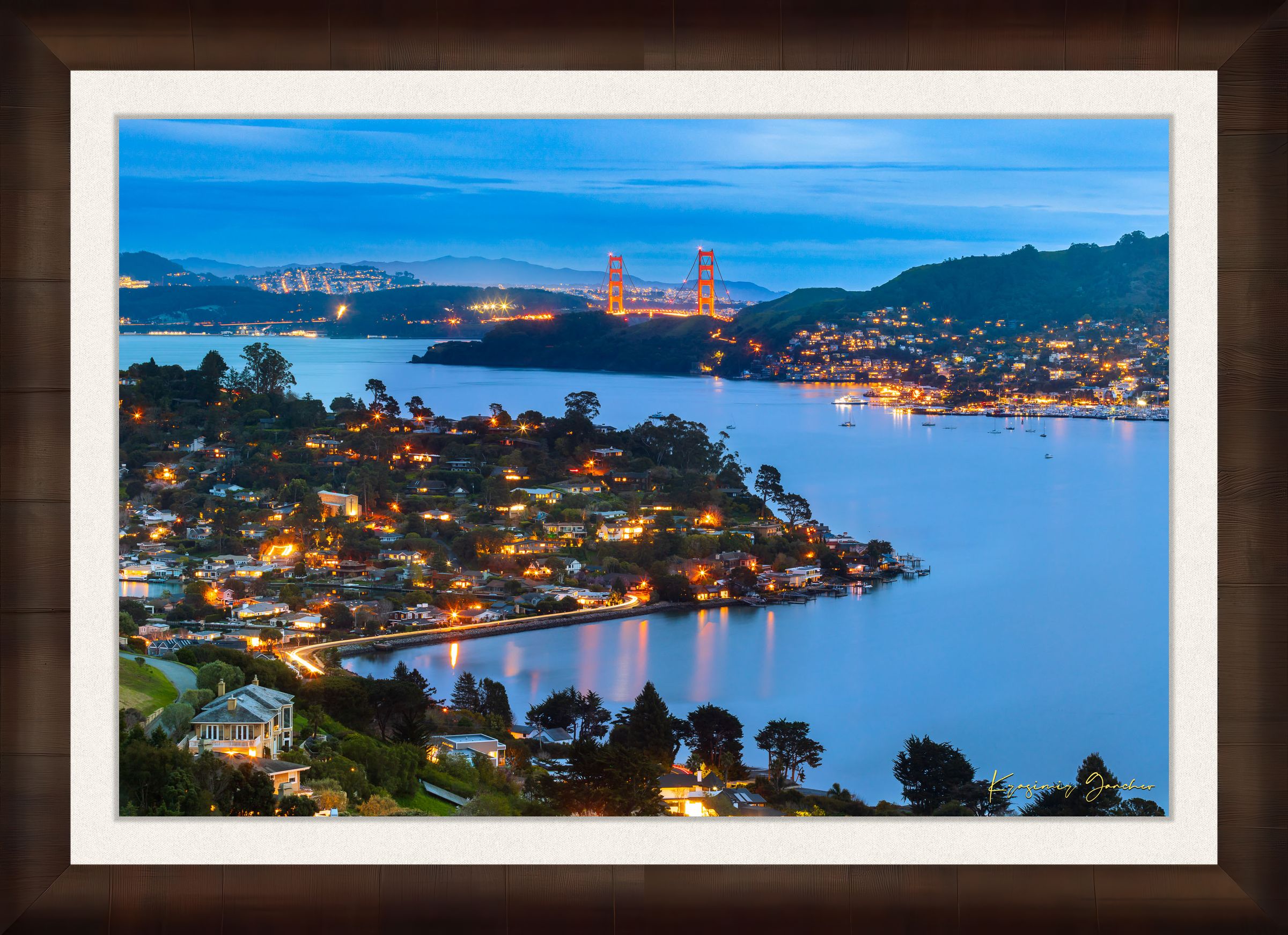 Long exposure of Golden Gate Bridge reflecting light across San Francisco Bay at dusk and night with cloud cover. #Finish_Roma Cigar Leaf Frame & Bright Liner