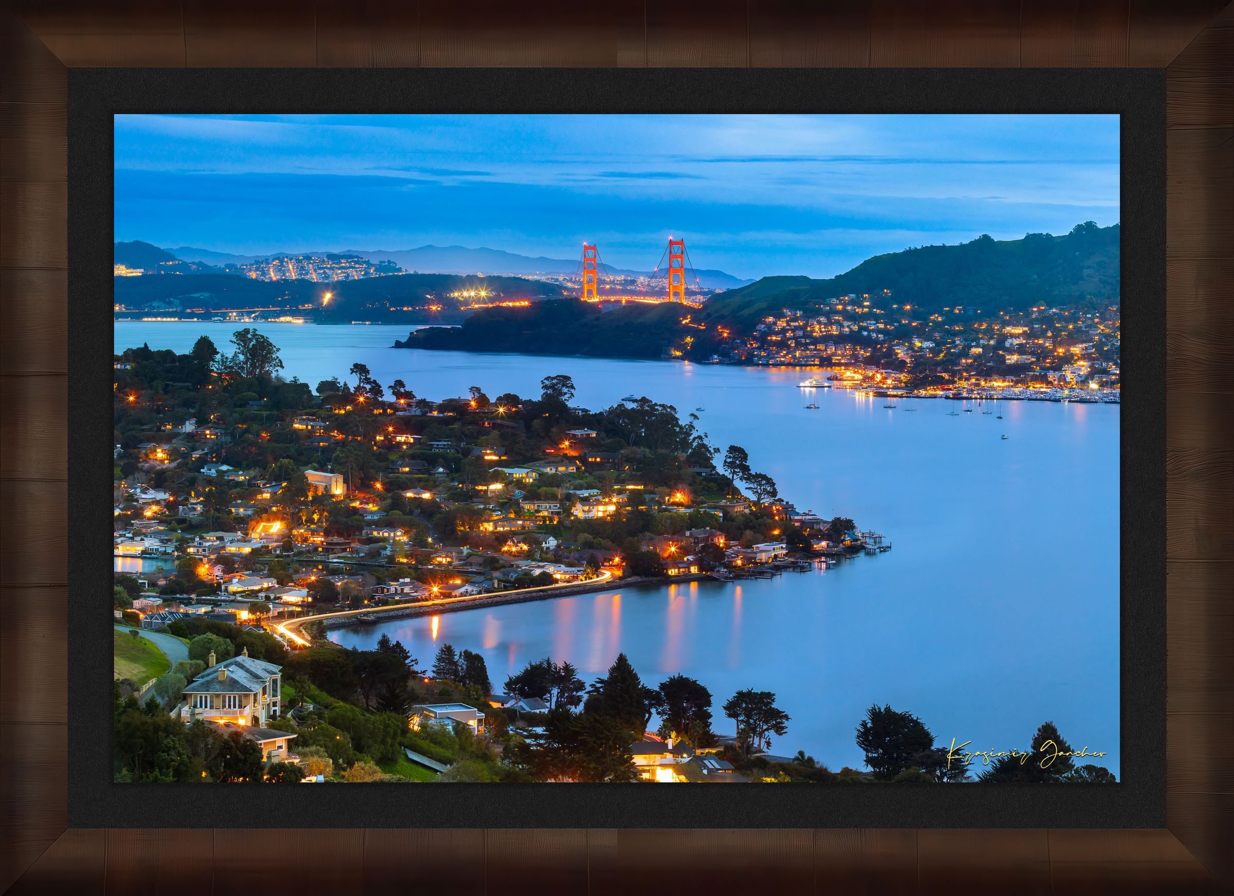 Long exposure of Golden Gate Bridge reflecting light across San Francisco Bay at dusk and night with cloud cover. #Finish_Roma Cigar Leaf Frame & Dark Liner