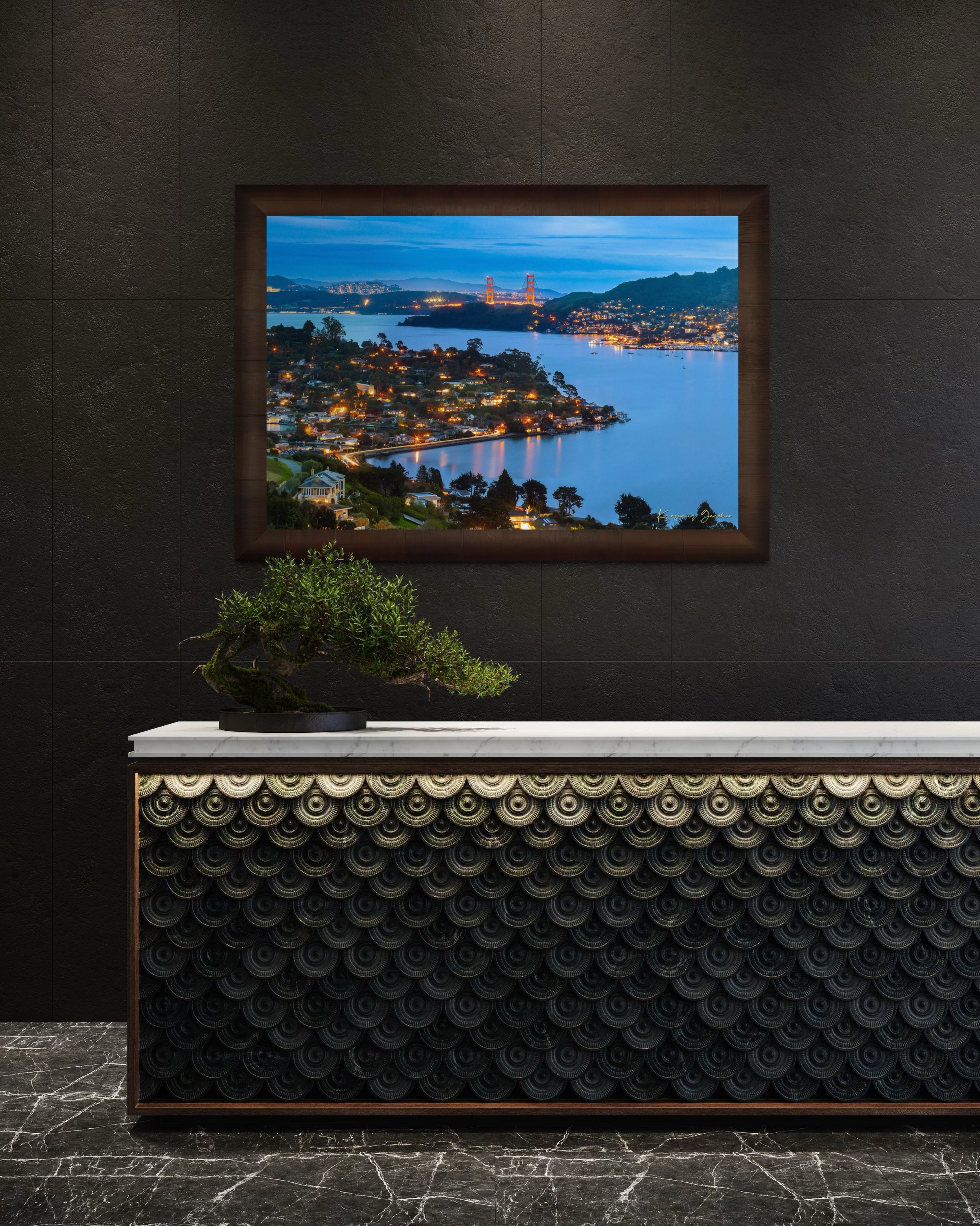 Long exposure of Golden Gate Bridge reflecting light across San Francisco Bay at dusk and night with cloud cover. #Finish_Roma Cigar Leaf Frame