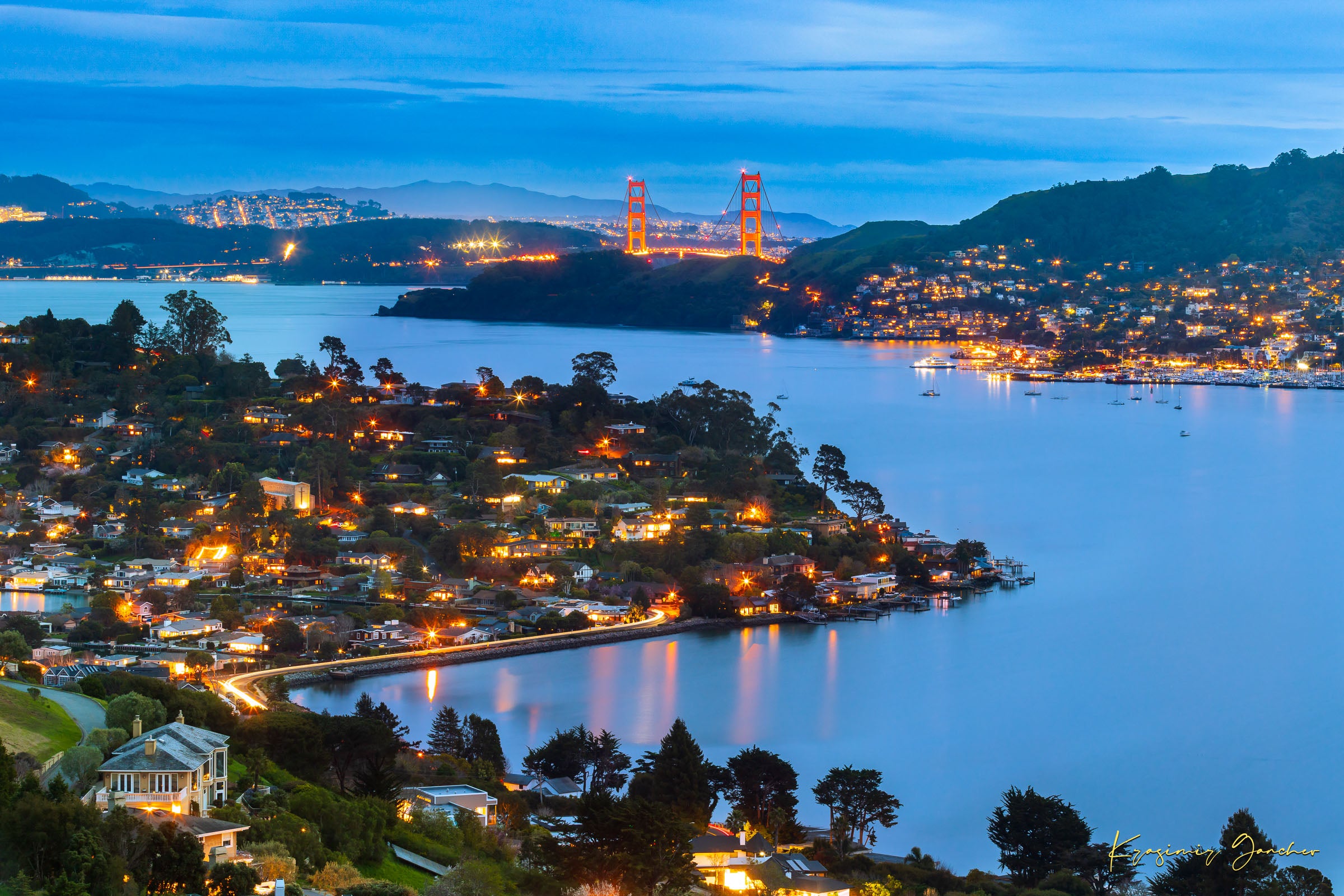 Long exposure of Golden Gate Bridge reflecting light across San Francisco Bay at dusk and night with cloud cover. #Finish_Acrylic Recess