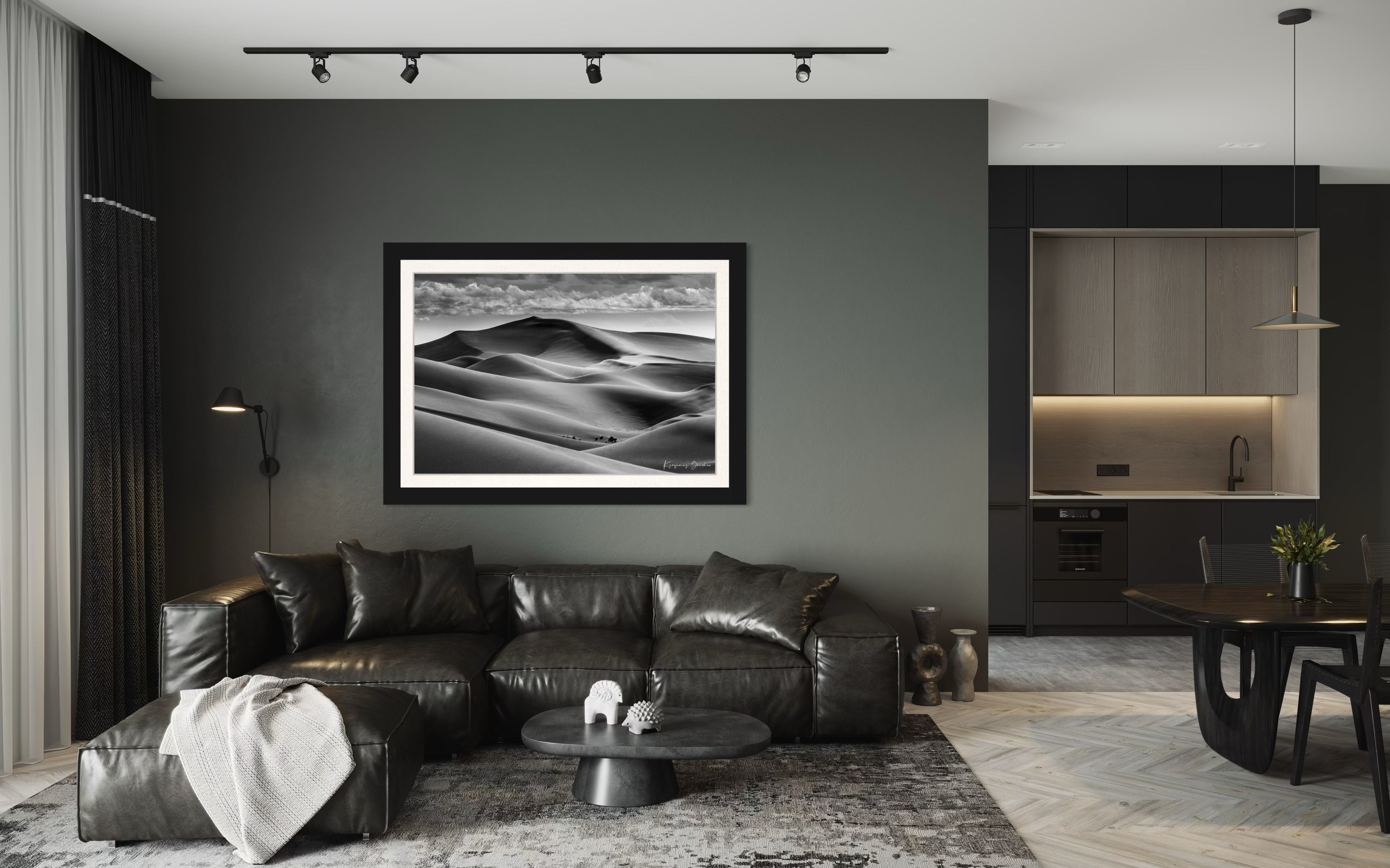 Black-and-white composition capturing the undulating dune patterns at Brawley, California with strong light and shadow contrast. #Finish_Roma Satin Black Frame & Bright Liner
