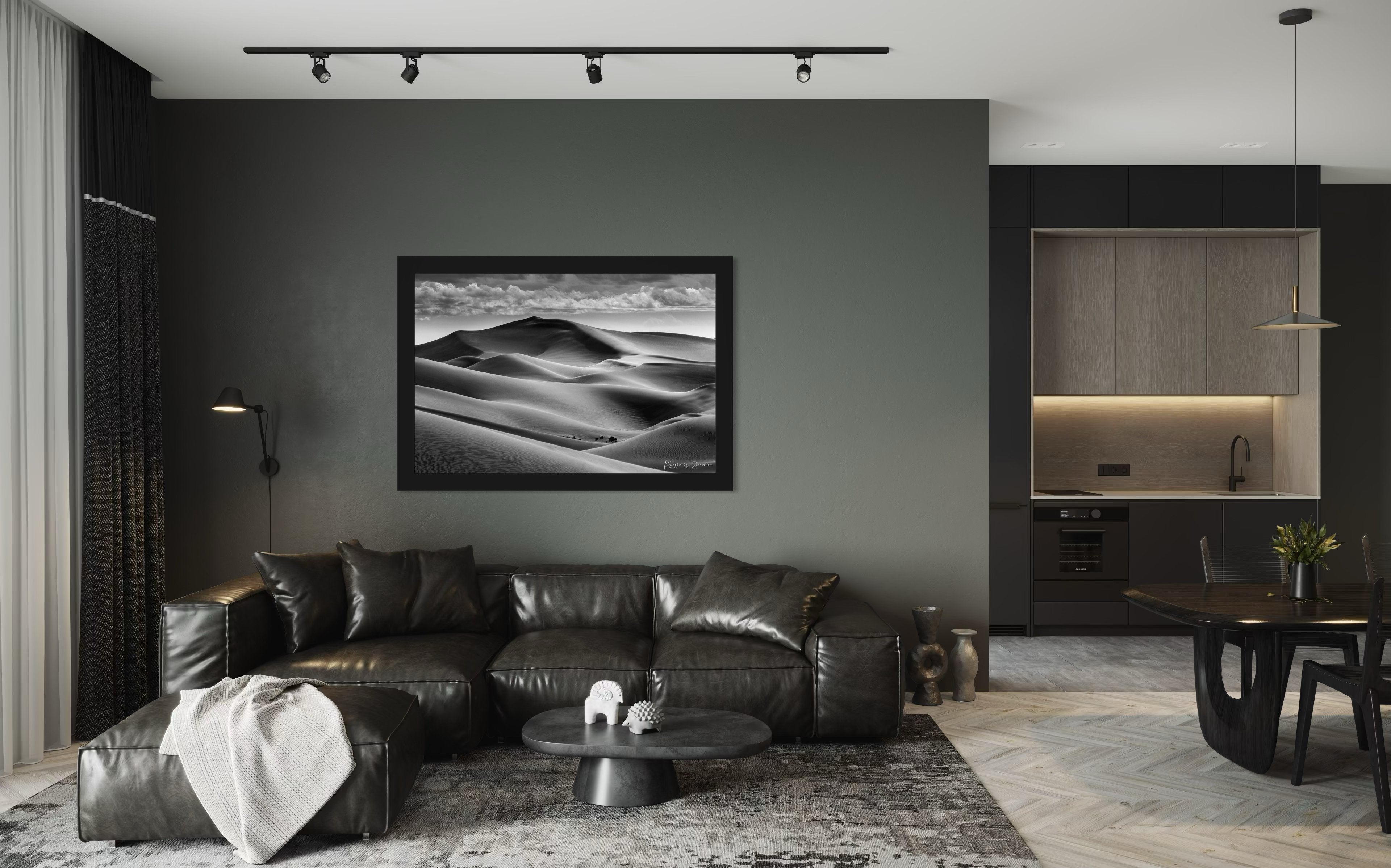 Black-and-white composition capturing the undulating dune patterns at Brawley, California with strong light and shadow contrast. #Finish_Roma Satin Black Frame