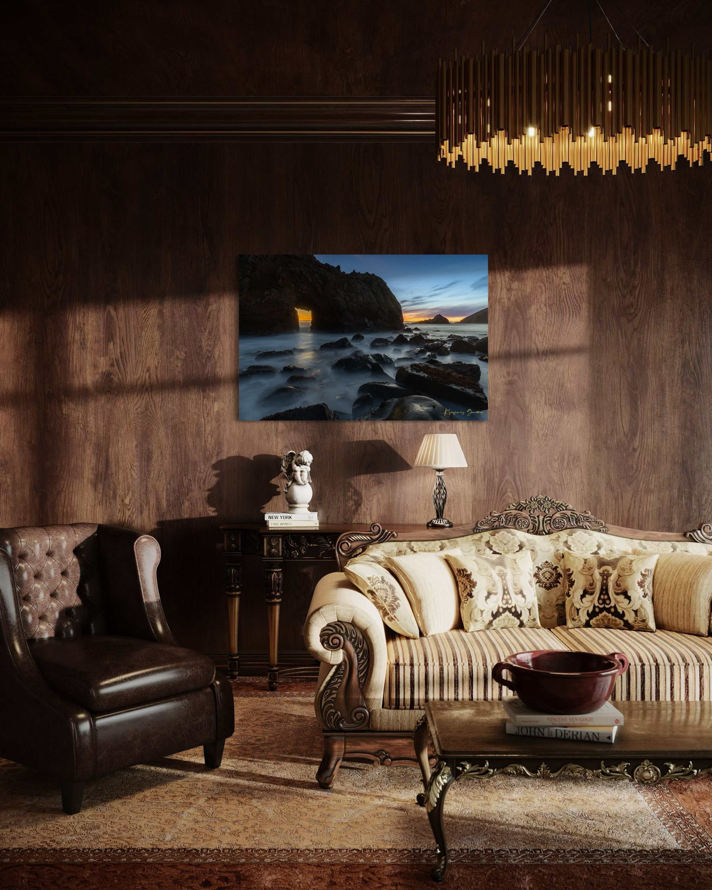 Natural arch structure with boulders and sea stack near Big Sur, California, lit by intense sunset rays through a stone opening. #Finish_Acrylic Recess