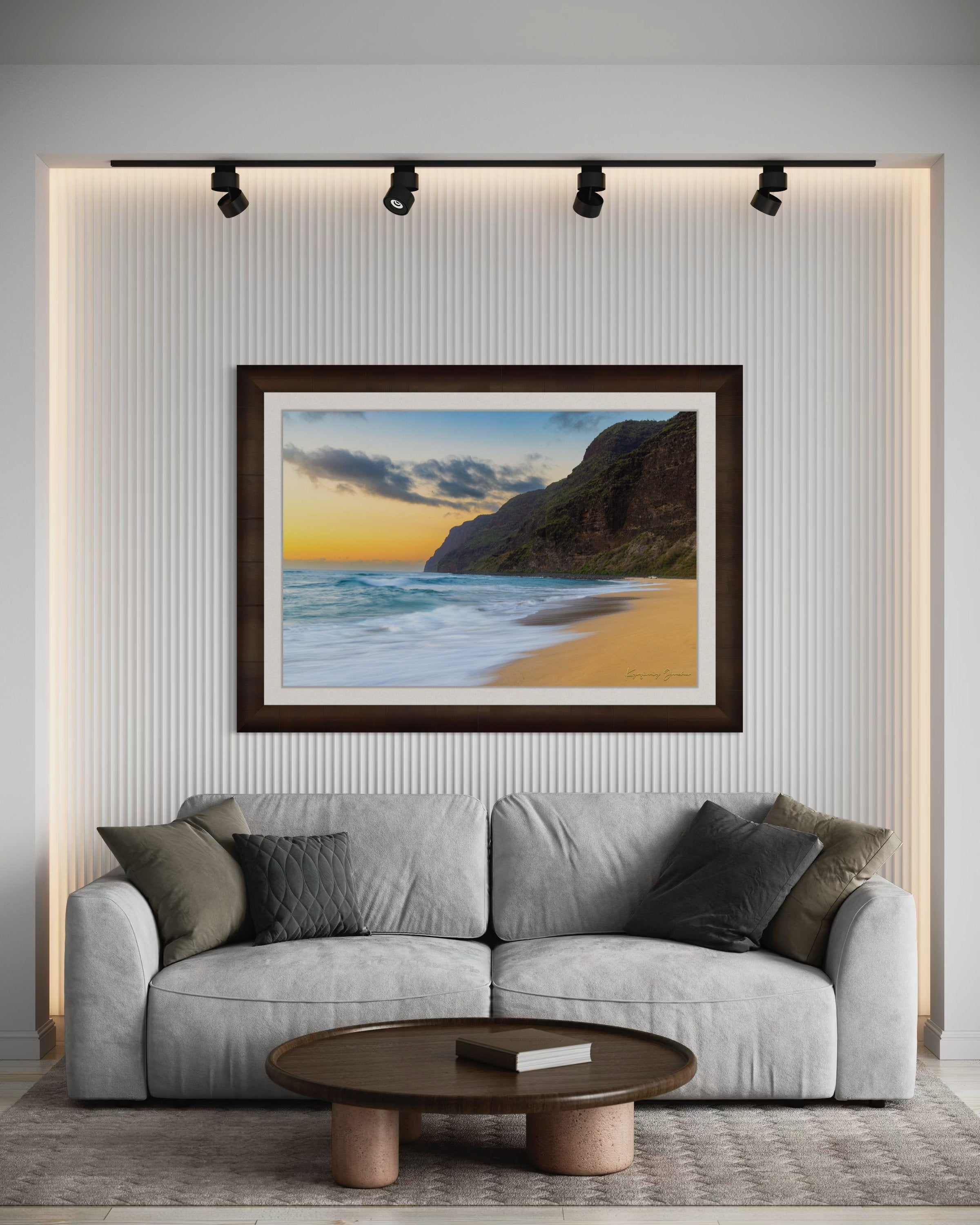 Beach and coastal terrain of Barking Sands on Kauai under dusky sky with cloud cover and vibrant colors. #Finish_Roma Cigar Leaf Frame & Bright Liner